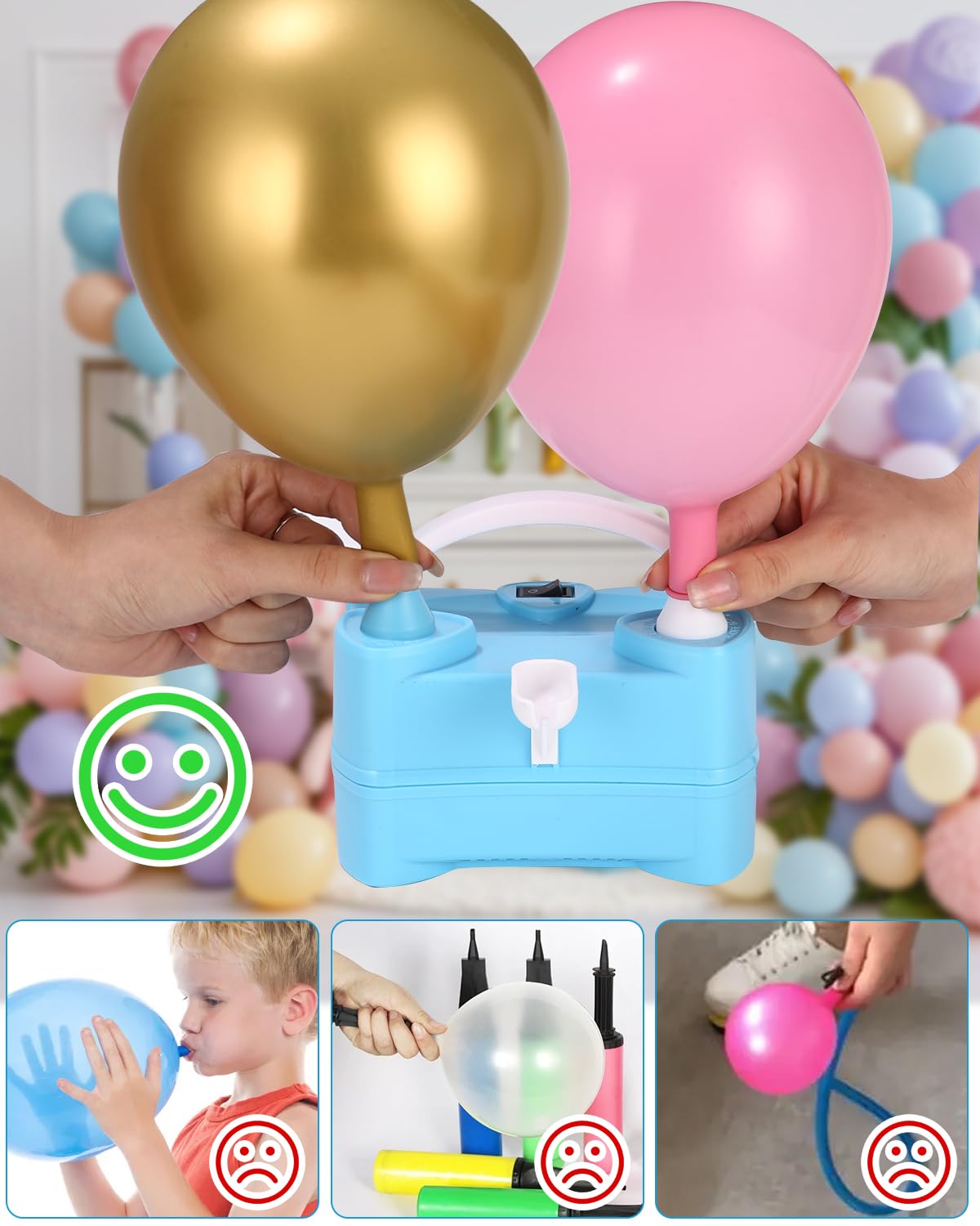 Elektryczna pompka do balonów, inteligentna pompka do balonów, 2 tryby pracy, przenośna, podwójna dysza do balonów, na imprezę, wesele, urodziny, 400 W