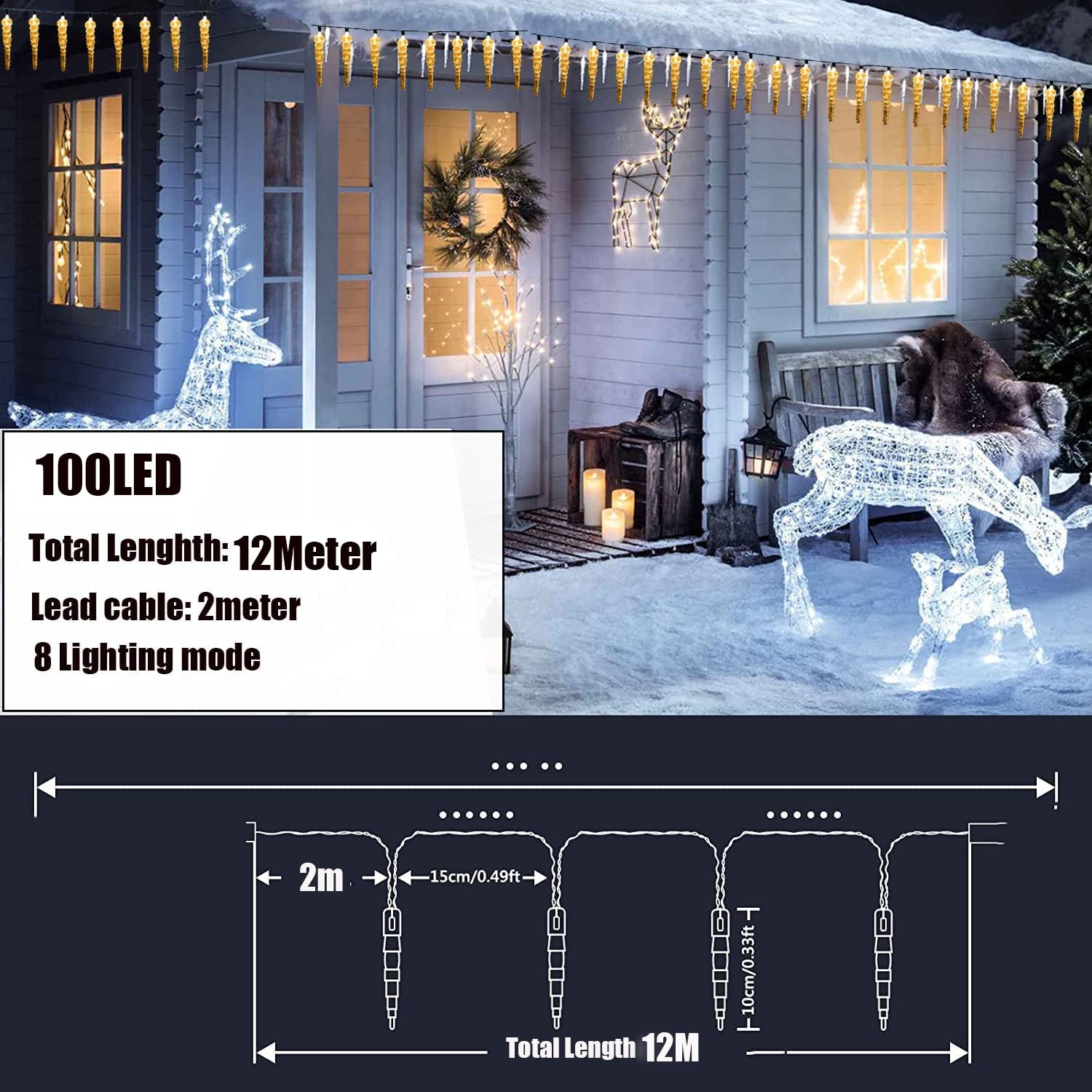 KINGCOO 100LED Solar Eiszapfen Lichter Garten, Wasserdicht 10M/32Ft Eiskegel Tropfen Fenster Dekorative Fee Lichterketten 8Mode für Außen Innen Weihnachten Hochzeit Party Beleuchtung (Warmweiß)