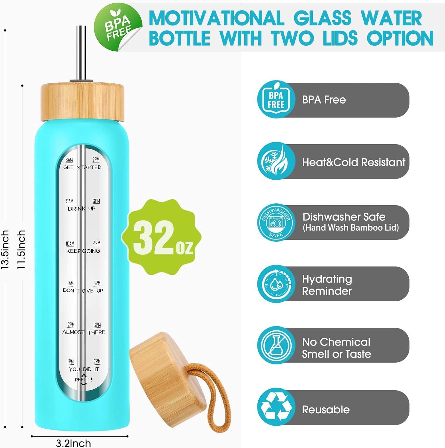 32 oz Glass Water Bottle with Straw - Motivational Time Marker & Silicone Sleeve - Reusable Tumbler Includes 2 Bamboo Lids & Fruit Infuser - 1 Pack - Image 2