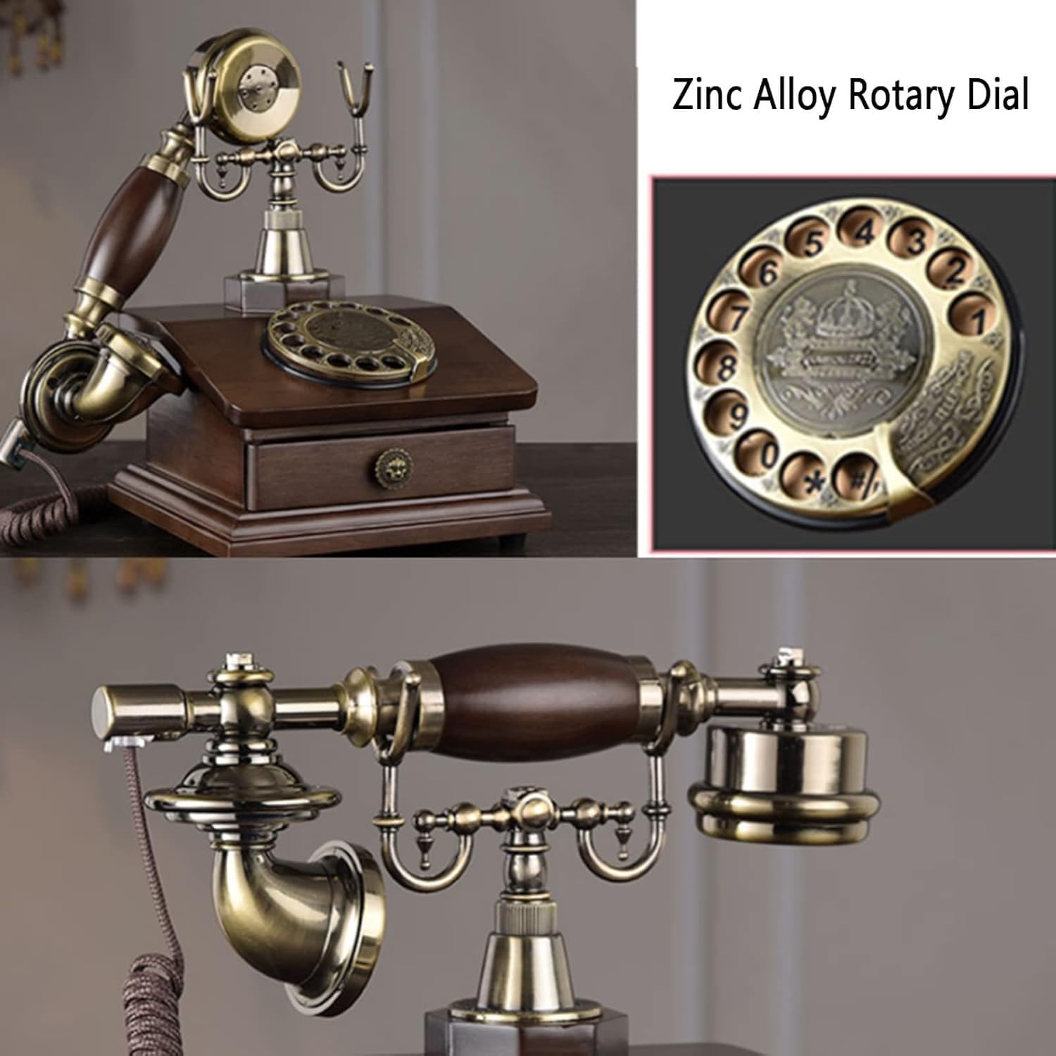 Telefon stacjonarny w stylu vintage, retro telefon przewodowy z drewnianymi szufladami, ergonomiczne uchwyty, wytrzymały do biura, domu, hotelu, galerii