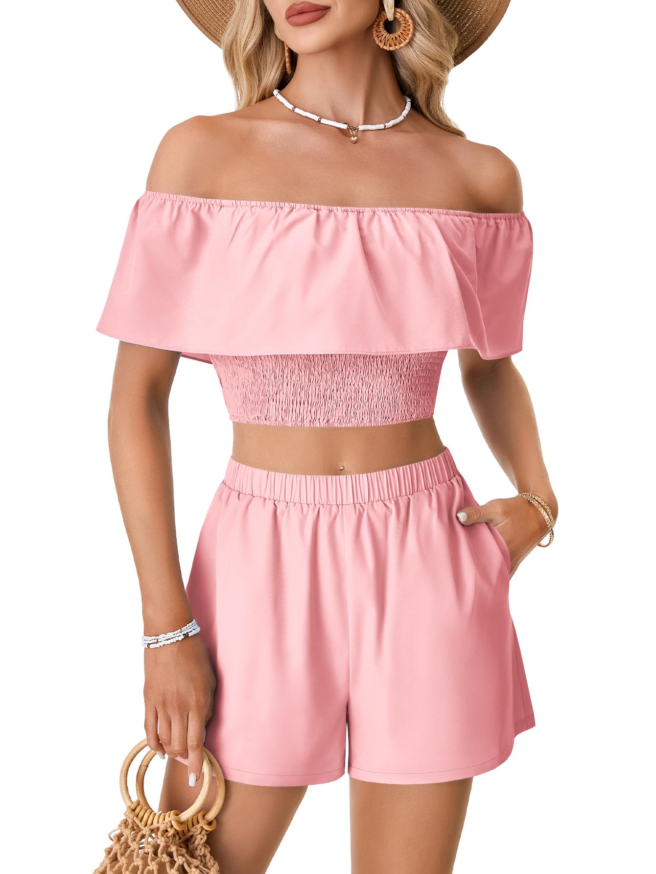LYANER Womens 2 Piece Outfits Off Shoulder Ruffle Sleeve Shirred Crop Top Wide Leg Shorts Set