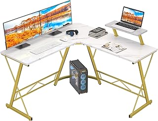 Yornoli Computer Desk with Monitor Stand 130cm L-Shaped Corner Gaming Desk Office Writing Desk & Workstation for Home Office Bedroom Space-Saving Easy to Assemble Laminate Marble