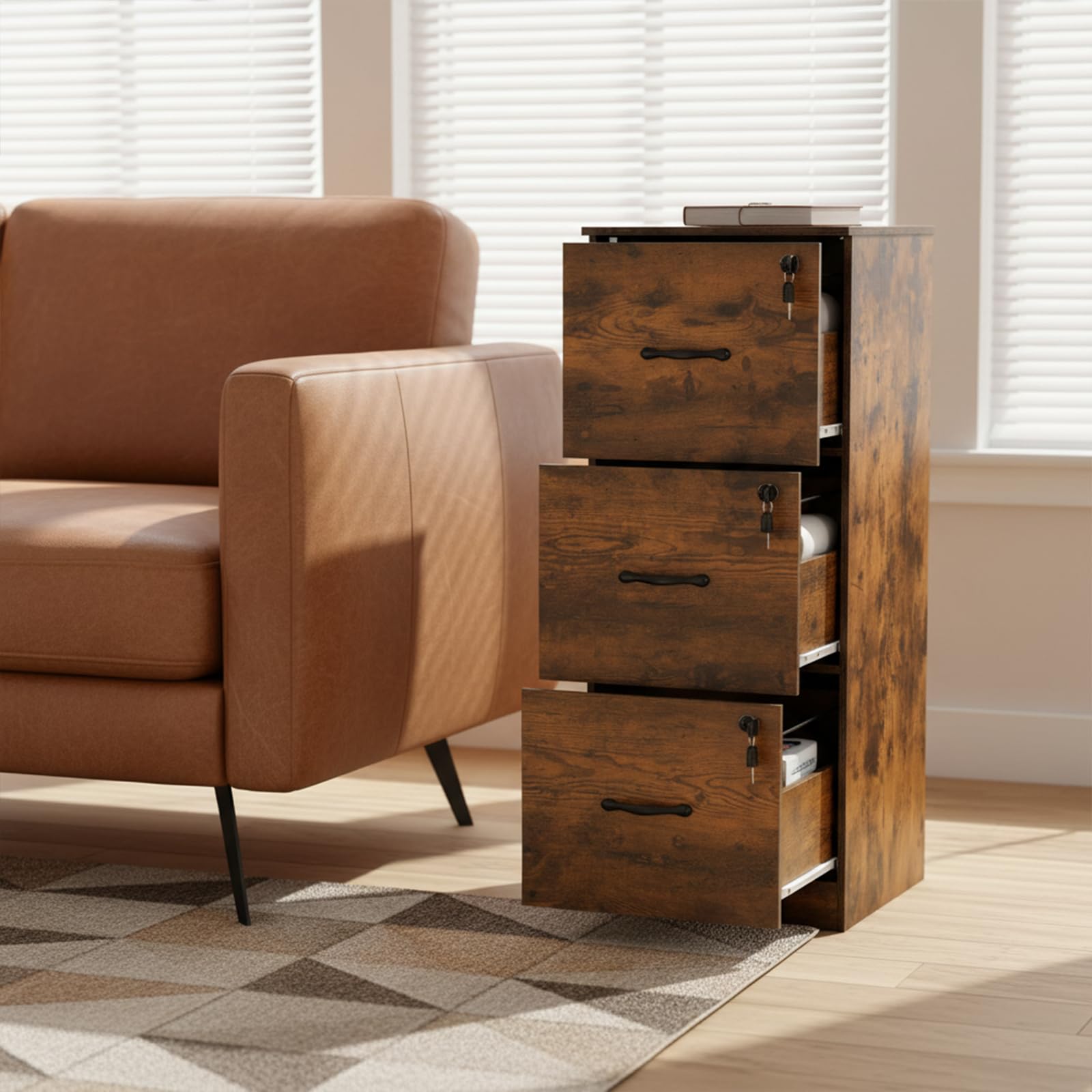 Cajonera Oficina, Cajonera Escritorio con 3 Cajones Cerradura y Llaves, Multiusos Armario Archivador con Barras Colgantes para Oficina Escritorio Casa,103.5cm Alto