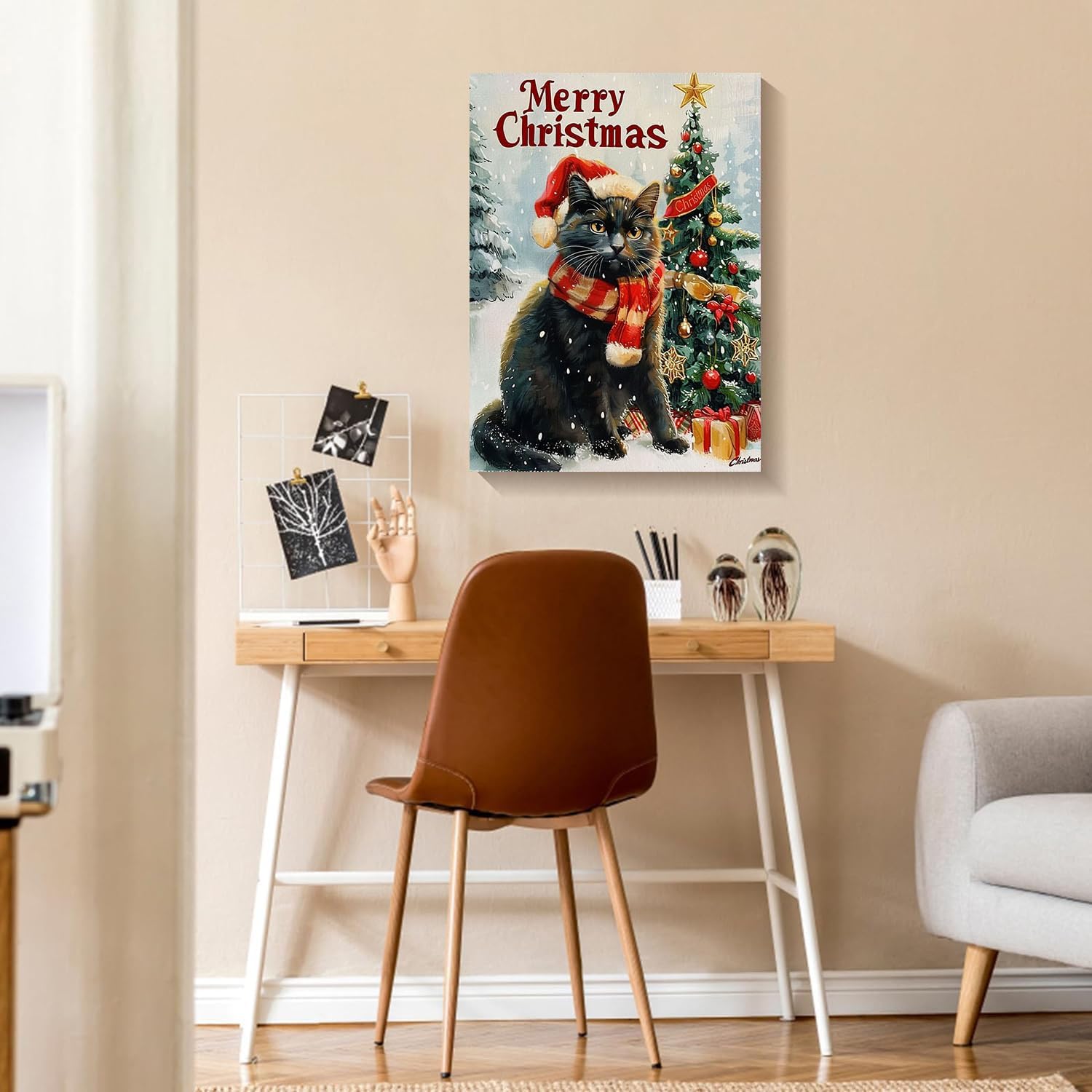 Christrmas Cat Painting Paint by Numbers Kits 16x20 inch Canvas Winter Snow Christmas Tree DIY Oil Painting for Kids, Adults Beginners with Brushes Acrylic Pigment Drawings Gift (with Frame)