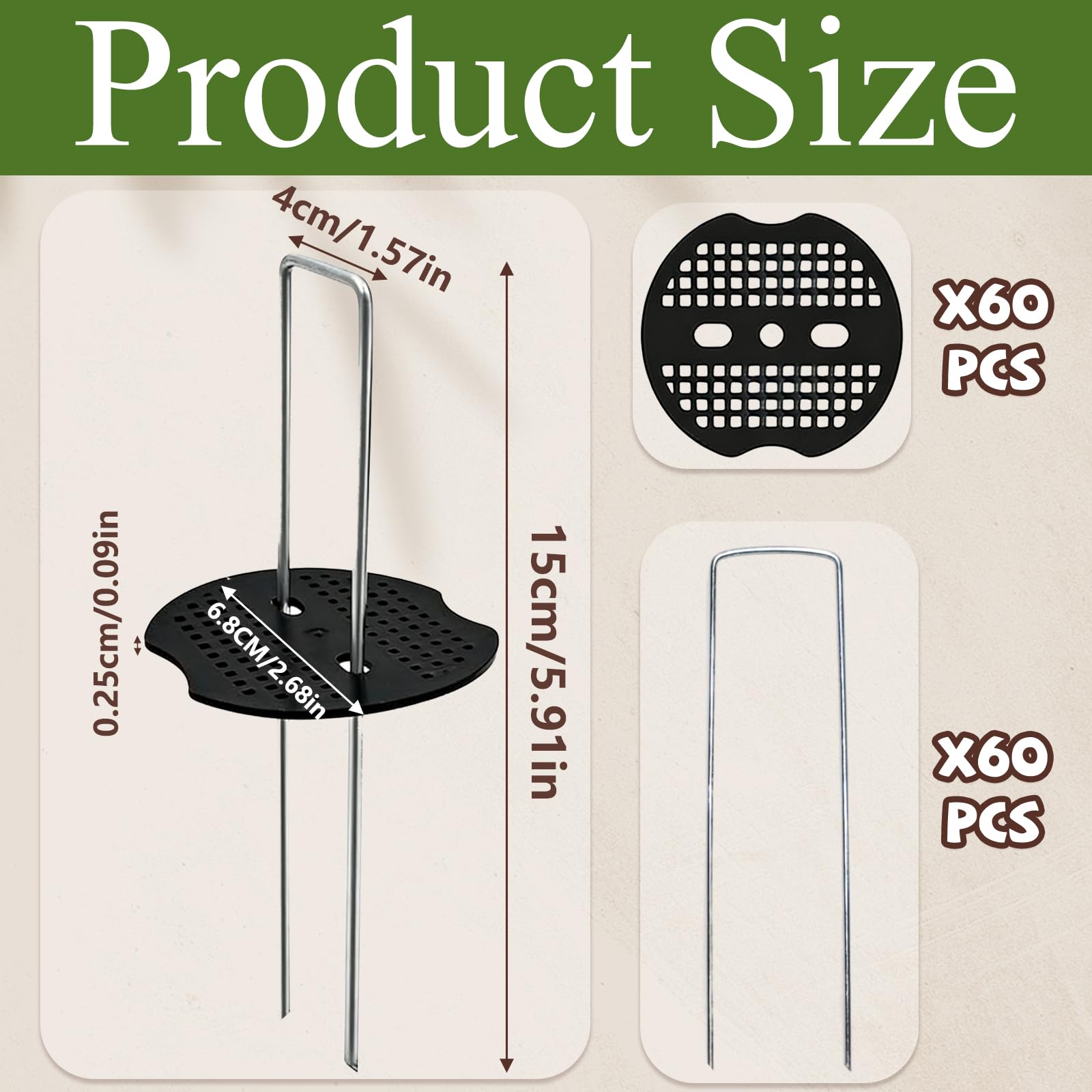 60 sztuk haczyków do kotwicy gruntowej, 60 śledzi + 60 krążków buforowych (150 x 40 mm, Ø 2,5 mm), ocynkowane śledzie ogrodowe w kształcie litery U, zestaw haczyków do mulczowania sztucznej