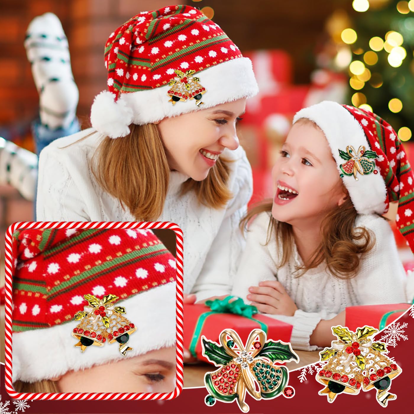 Juego de 12 broches de Navidad para mujer, con diamantes de imitación, corona de árbol de Navidad, muñeco de nieve, reno, adorno de Navidad, regalo, Acero inoxidable, amazonita