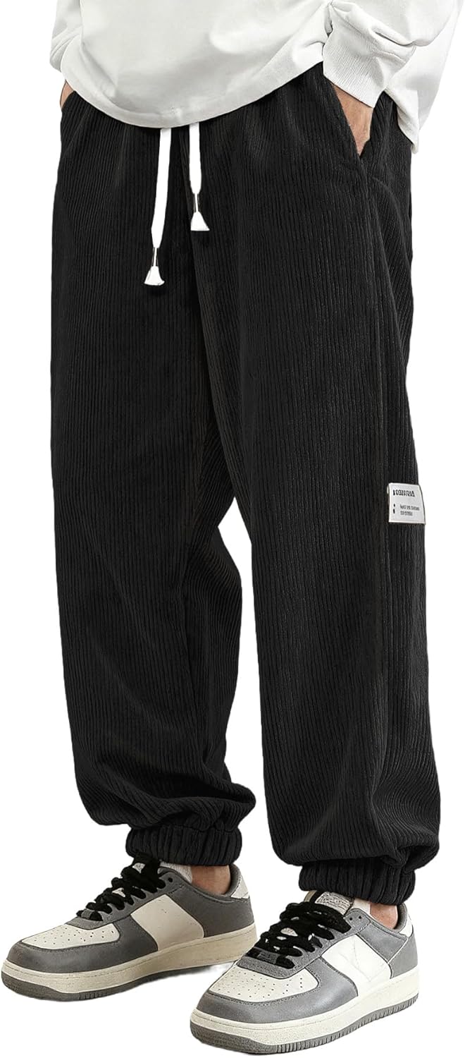Men's Corduroy Joggers with Elastic Waist & Drawstring - Tapered Casual Pants Comfort Fit​