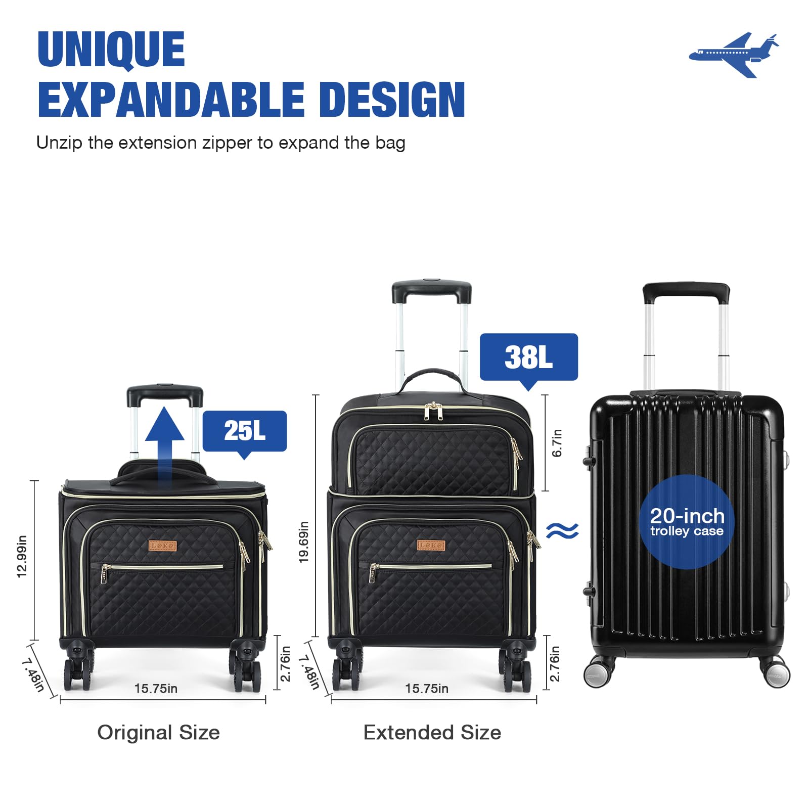 Lekeinchi Maletas de Viaje Expandible Maletín para Portátil con Ruedas, Trolley Equipaje de Mano con 6 Bolsas Organizadoras, Maleta Cabina con Ruedas para Viajes Negocios Trabajo (Negro, 25-38L)