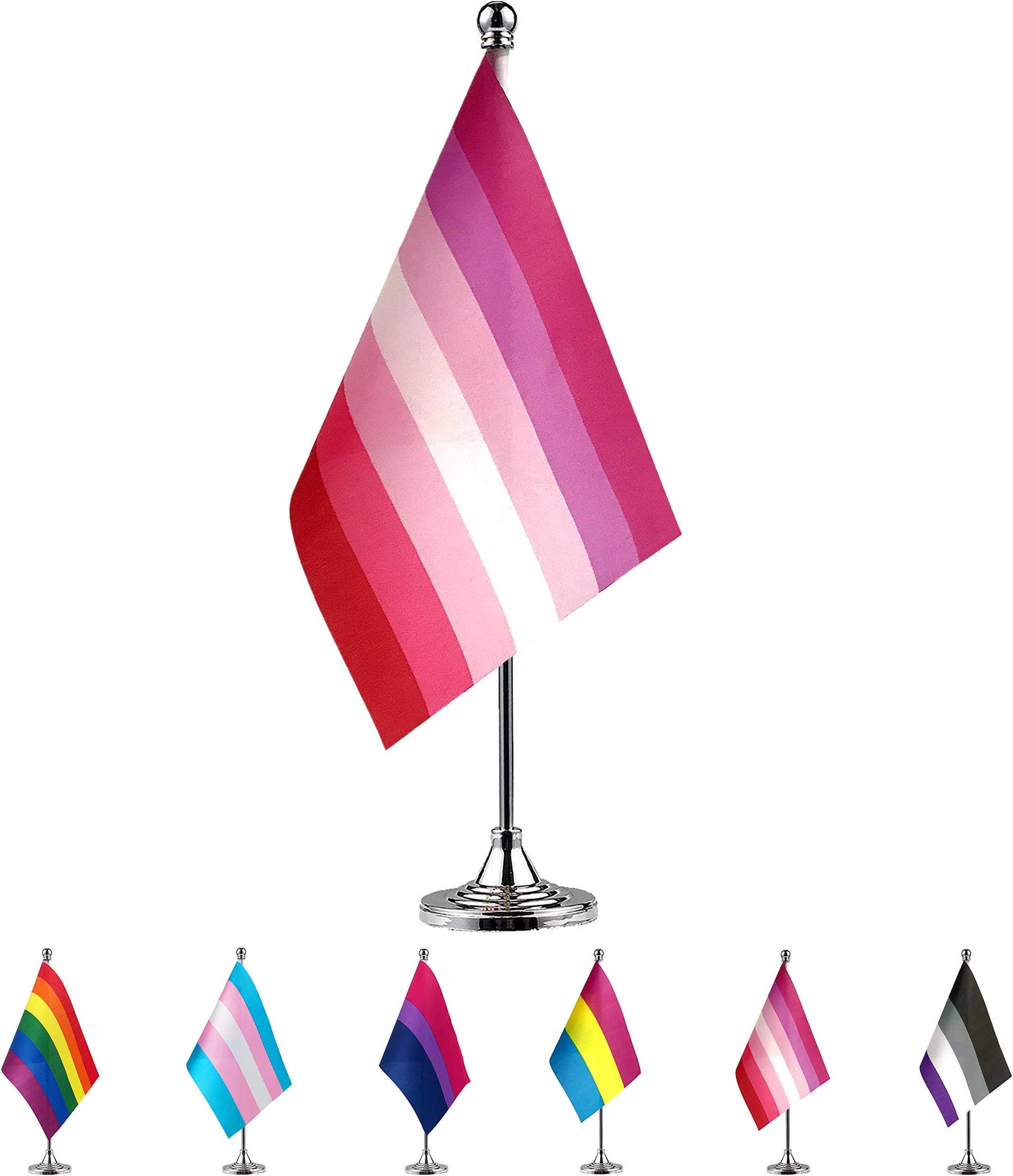 TSMD Lesbian Pride Flag Small Mini LGBT Rainbow Desk Table Flags with Stand Base,Decorations Supplies for Mardi Gras,Gay Pride Rainbow Party