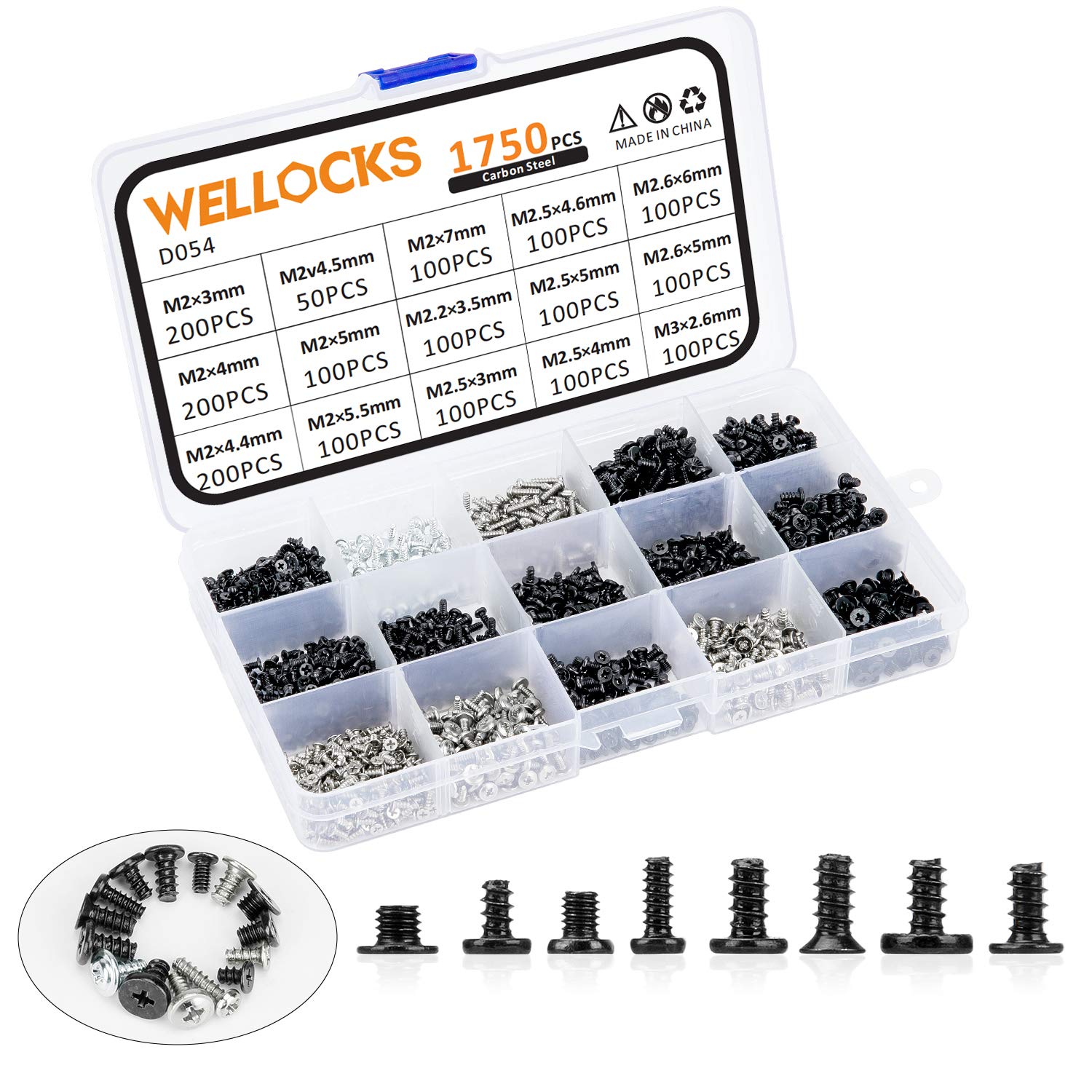 WELLOCKS Mini Screw 1750 PCS M2 M2.2 M2.5 M2.6 M3 High Precision Assorted Self Tapping Screws Micro Screws, Tiny Electronic Screws Assortment Kit Carbon Steel for Mouse and Keyboard Repair (D054)