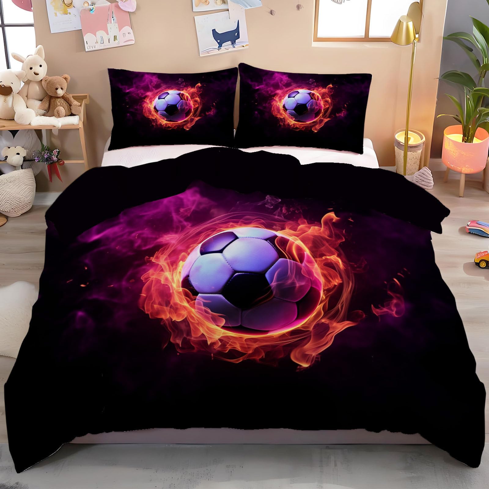 Housse de couette 140x200cm et taie d'oreiller rouge violacé Flame Soccer
