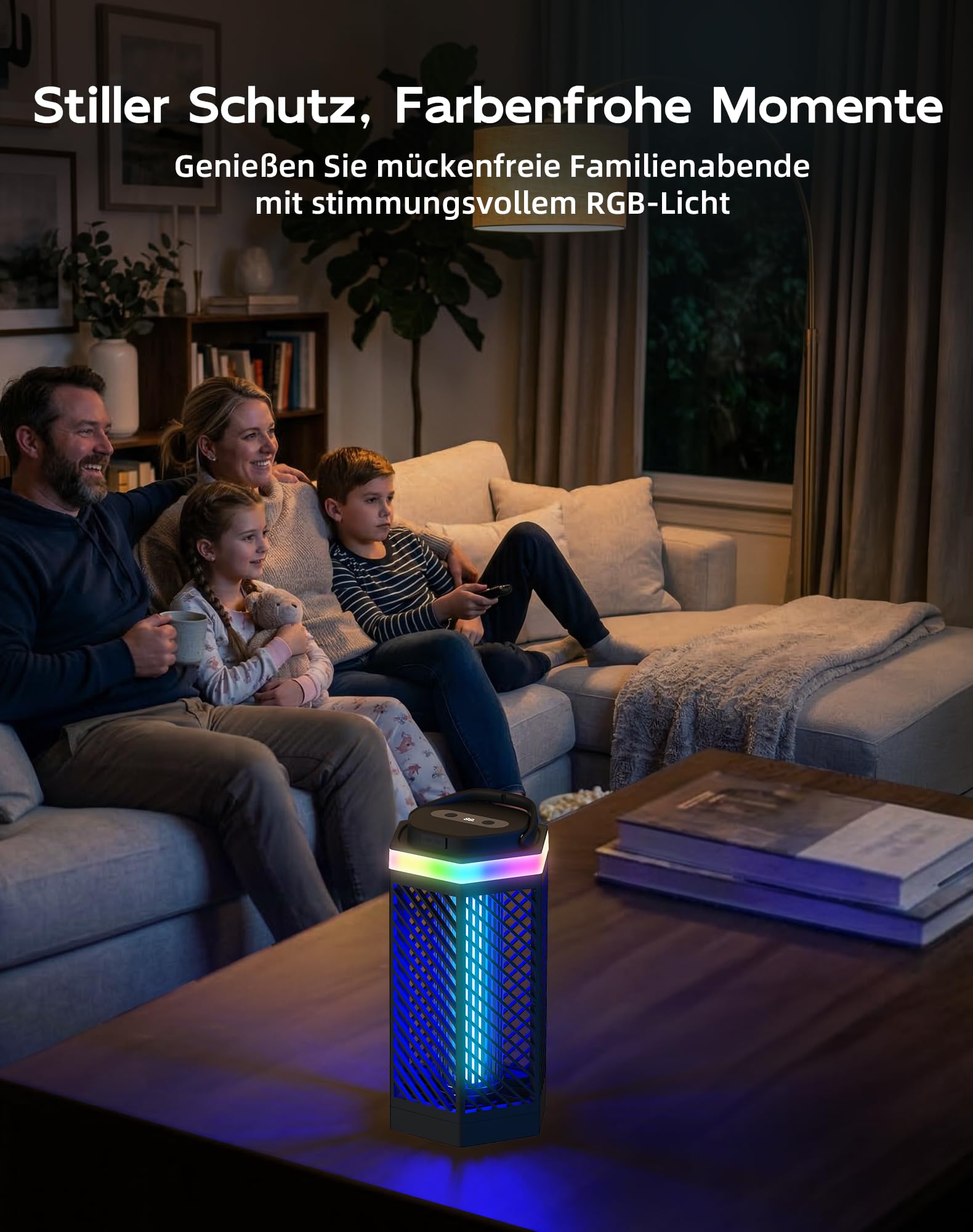 Elektrischer Insektenvernichter - 3 in 1 Mückenlampe mit UV-Licht, 8000mAh Akku, Weiß & RGB-Beleuchtung, IPX4 Wasserdicht, USB-C Wiederaufladbar, Mückenfalle für Camping, Garten, Draußen Innen