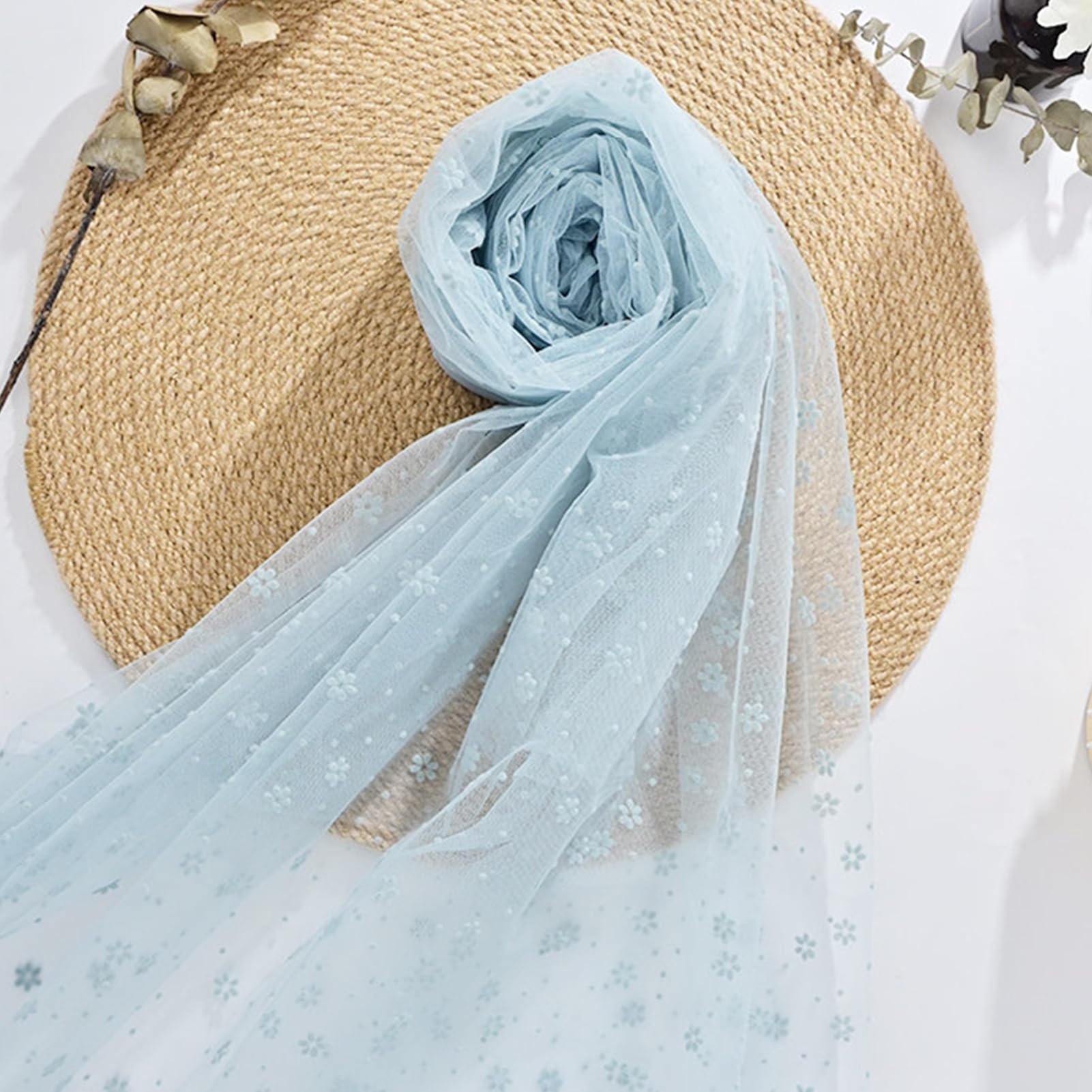 Dxcaicc Tulle 6-Petal Design Snowflake Mesh Fabric 1.6X2M Plum Blossom Floral Pattern Flowers Gentle Cloth for Romantic Background Decor,Misty Blue