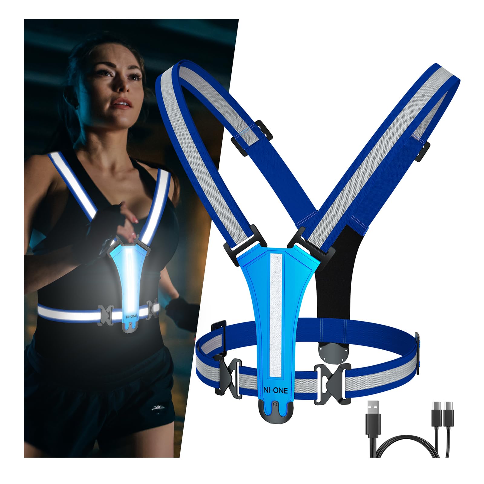 NI-ONE LED Reflective Vest,7 Lights Colors Reflective Running Gear,Rechargeable High-Visibility Adjustable Vest Safety Night Running Gear for Men Women Kids๏ผBlue๏ผ