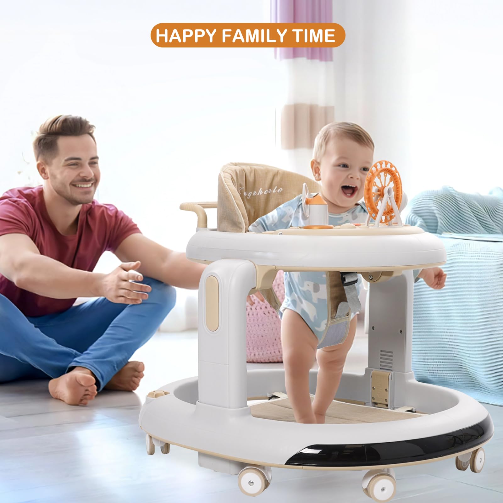 3 w 1 Chodzik dla dzieci, 6 regulowanych wysokości i 2 poziomów regulowanego siedzenia, BabyWalker z cichymi kołami 360°, tacą na kolację i wyjmowaną tacą na muzykę, dla dzieci w wieku 6-18 miesięcy