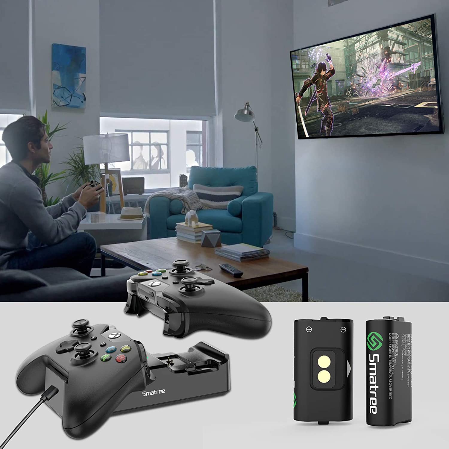 Smatree Stazione di Ricarica per Controller Xbox One/Series X/S Con Batterie e Caricatore a Doppio Canale