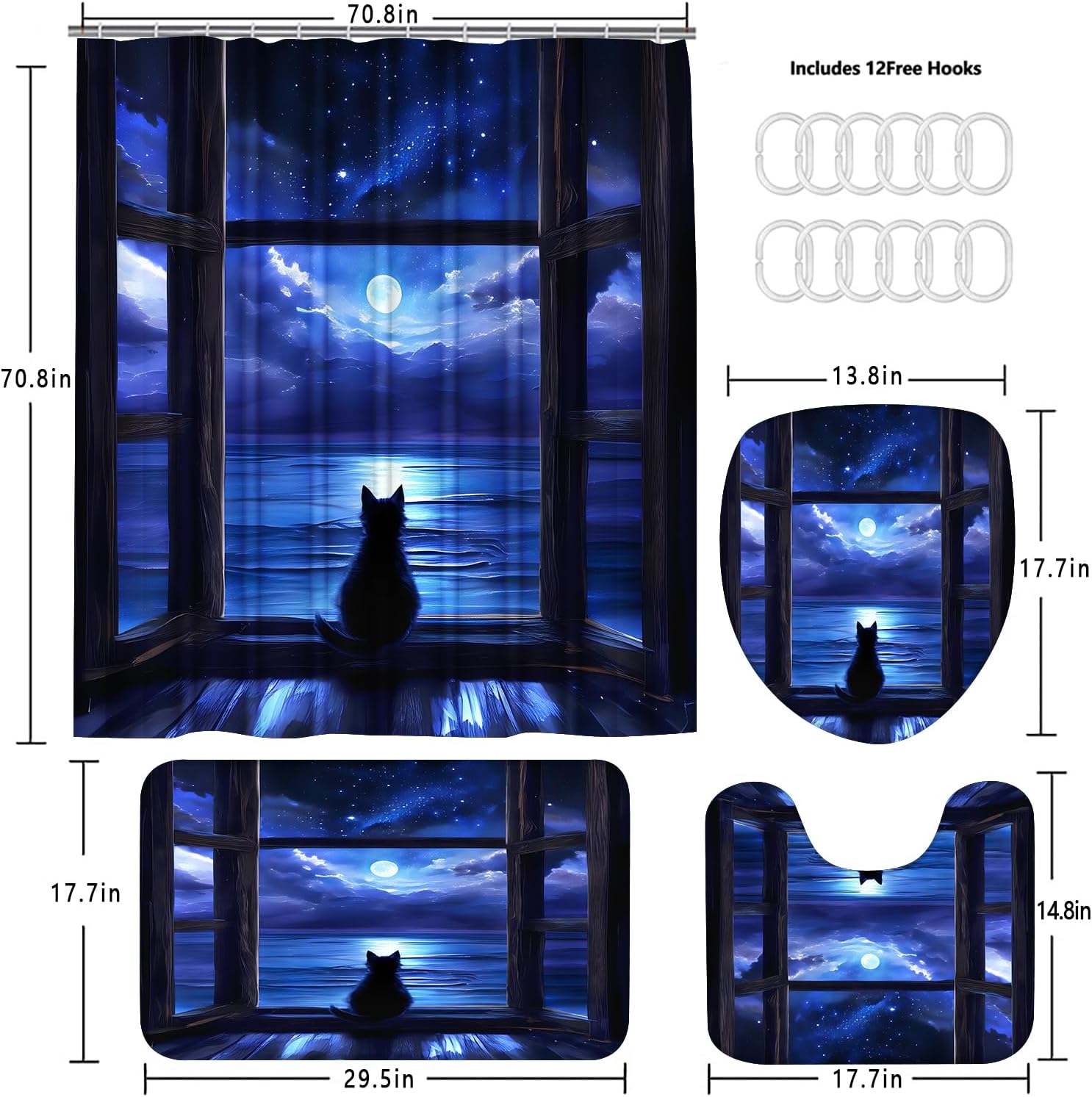 4Pcs Night Cat Shower Curtain Sets with Non-Slip Rugs, Toilet Lid Cover and Bath Mat, Rose Pet Pattern Home Bathroom Decor Set Accessories Waterproof Shower Curtains with 12 Hooks, 72 x 72 Inch