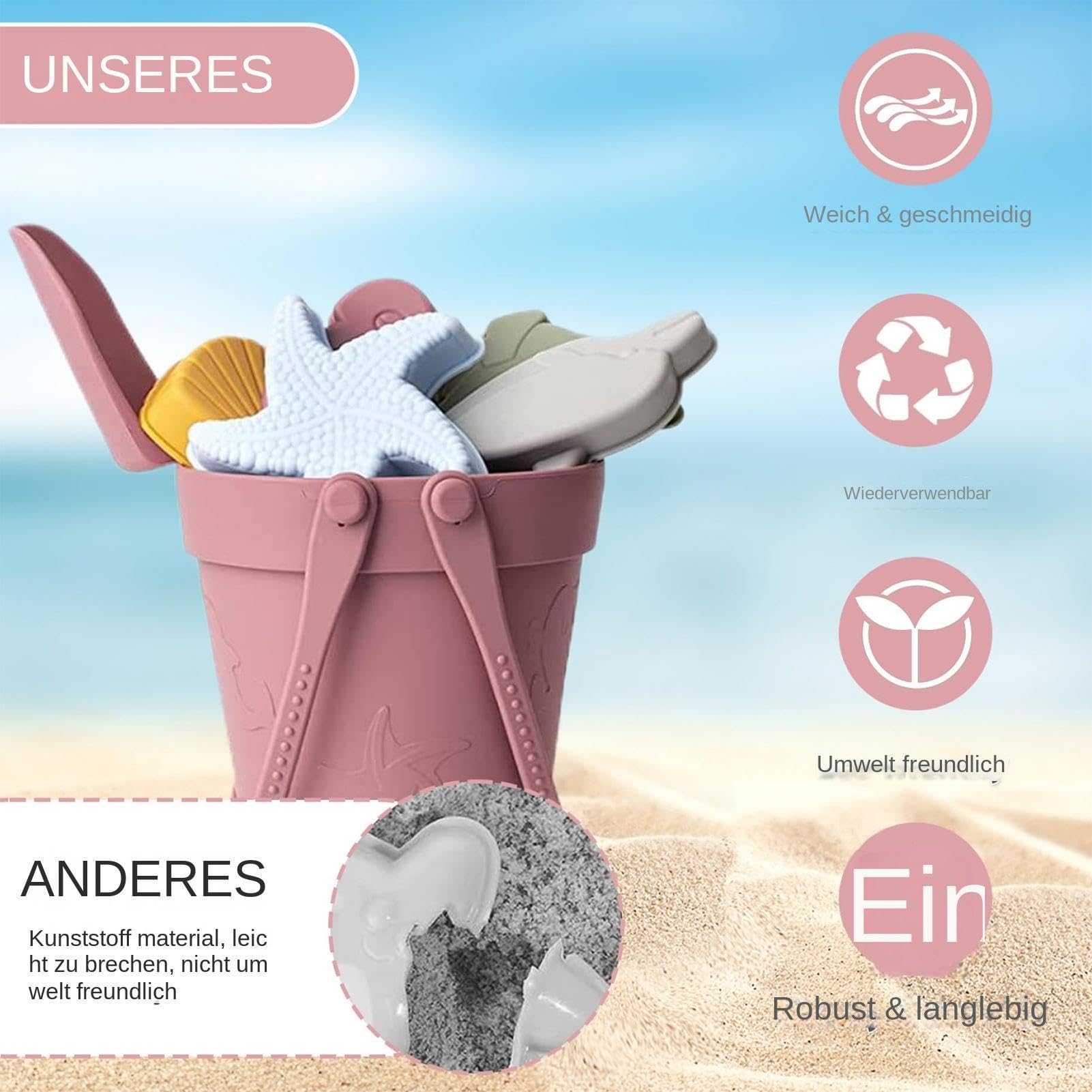 Juguetes de Playa Cubo de Silicona, Pala y Moldes de Animales para Jugar en