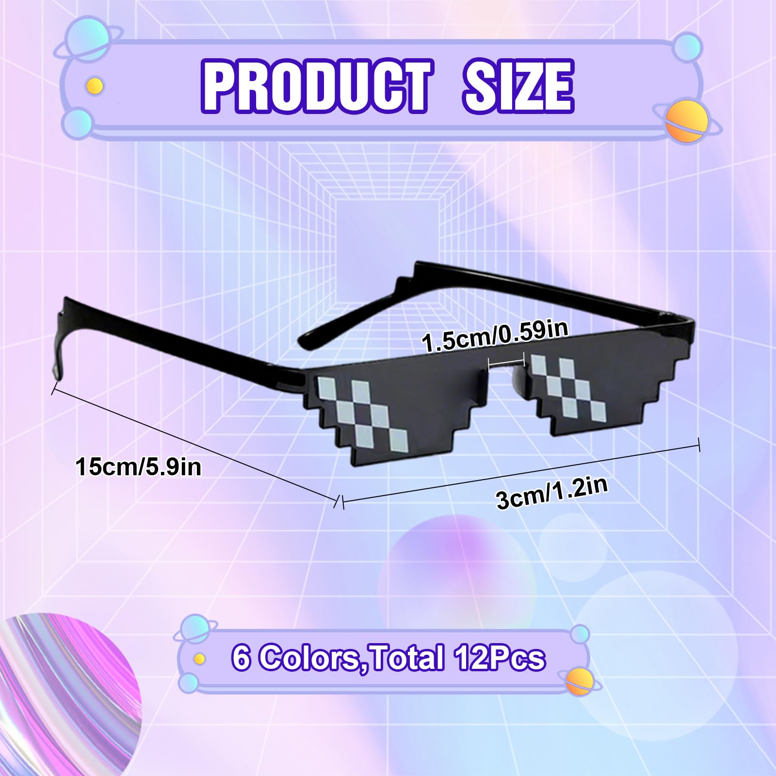 12 works Cool Thug Glassess, 6 Colors Pixel Sunglasses, Photo Props Unisex Glasses, Retro Plastic Sunglasses - Image 2