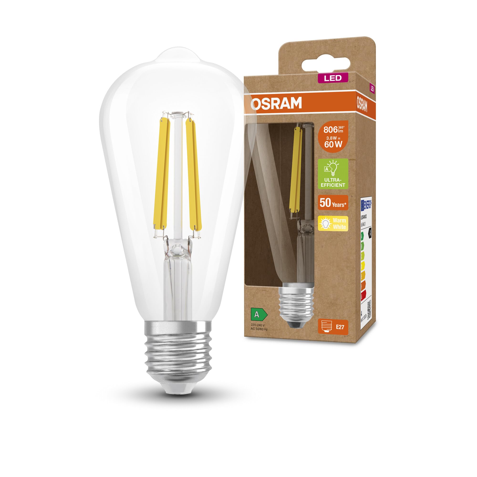Osram LED Stromsparlampe, Filament Edison mit E27 Sockel, Warmweiß (3000K), 4 Watt, ersetzt herkömmliche 60W-Leuchtmittel, besonders hohe Energieeffizienz und stromsparend, 1er-Pack