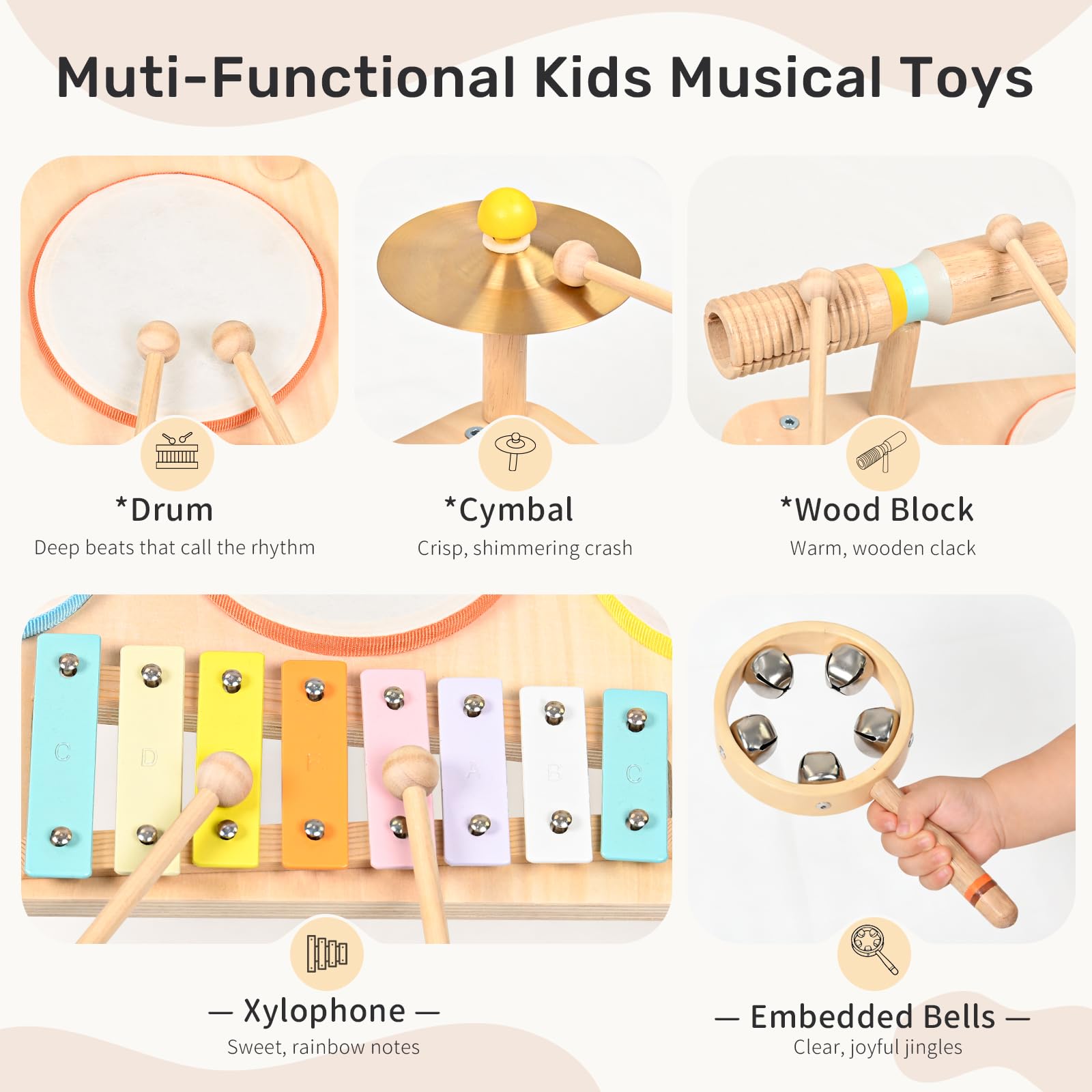WINGYZ Batteria per bambini, set di strumenti musicali in legno 9 in 1 con xilofono, tamburo per bambini a partire da 1 anno, giocattolo musicale per ragazzi e ragazze, regalo per il primo compleanno