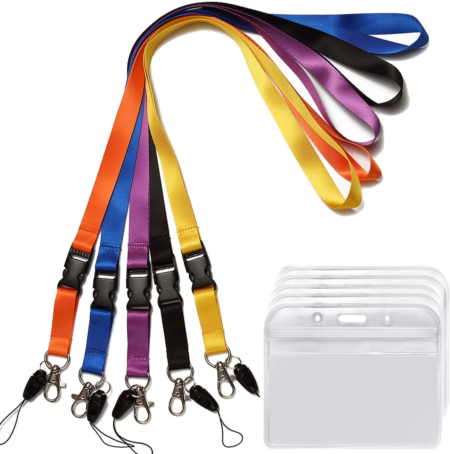 5 Pack ID Badge Holder with Safety Lanyard Colorful Neck Strings with Horizontal