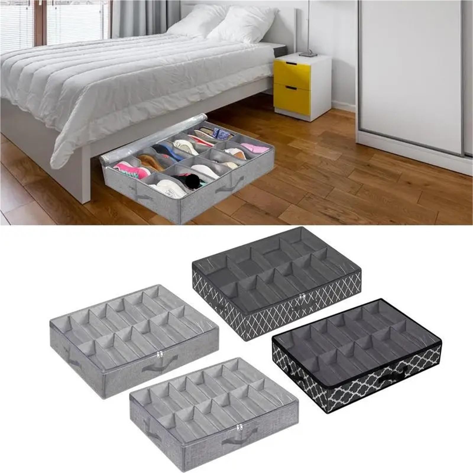 Organizzatore Di Scarpe Sotto Il Letto Organizer pieghevole sotto il letto, scatola portaoggetti in tessuto non tessuto di grande capacità, con maniglia con cerniera, for camera da letto Per Risparmia