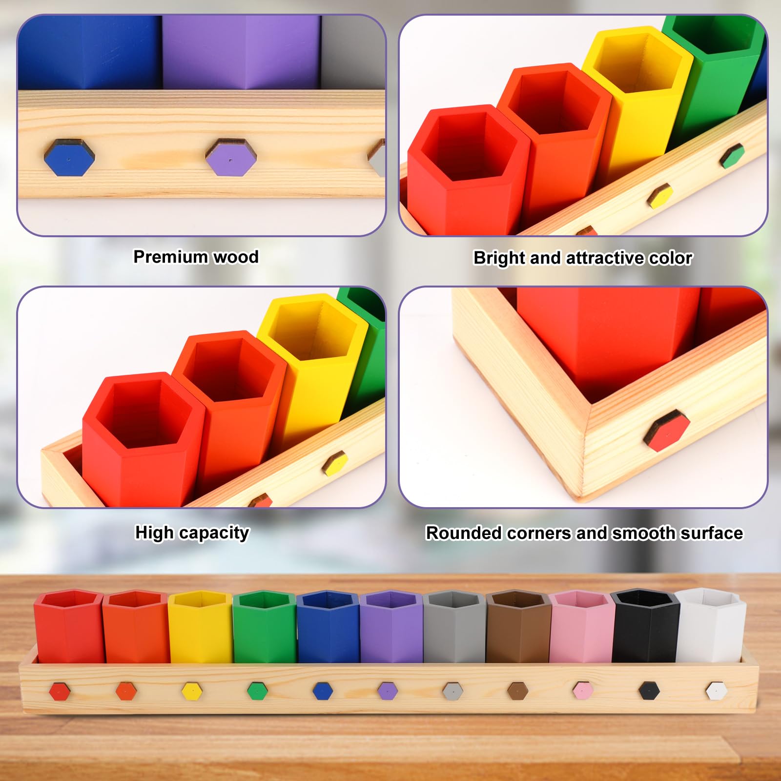 Pot Crayon Couleur Bois, Porte-Crayons avec 11 Compartiments Amovibles Boîte de Rangement pour Marqueurs Créatifs Idéal pour Enfants Bureau Maison et École Fournitures