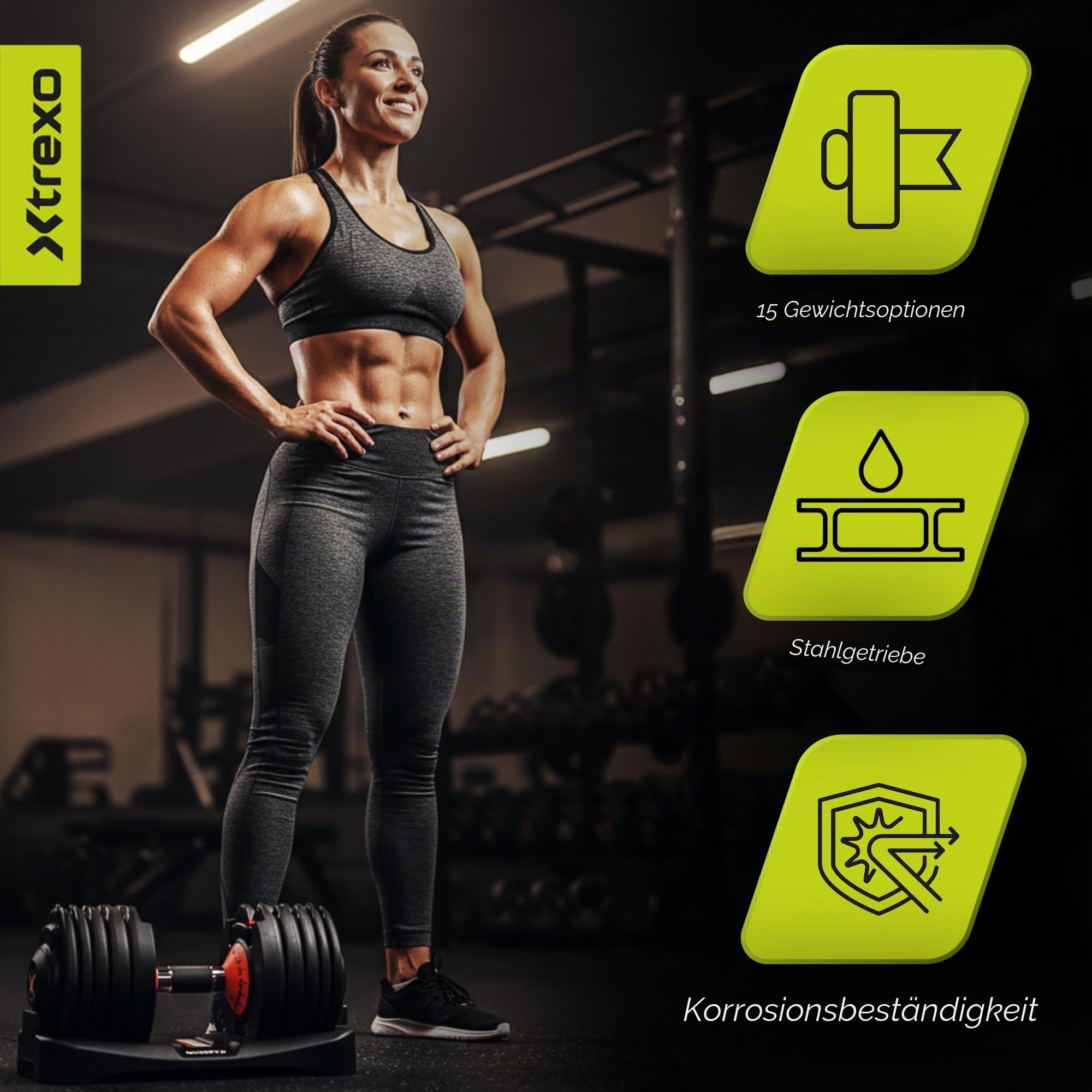 Schnelle Gewichtsanpassung im Griff – Trexo EVO Verstellbare Kurzhantel – Stahlzahnrad & rutschfester Chromgriff – 24 kg Set mit Ablage – für Krafttraining im Home Gym
