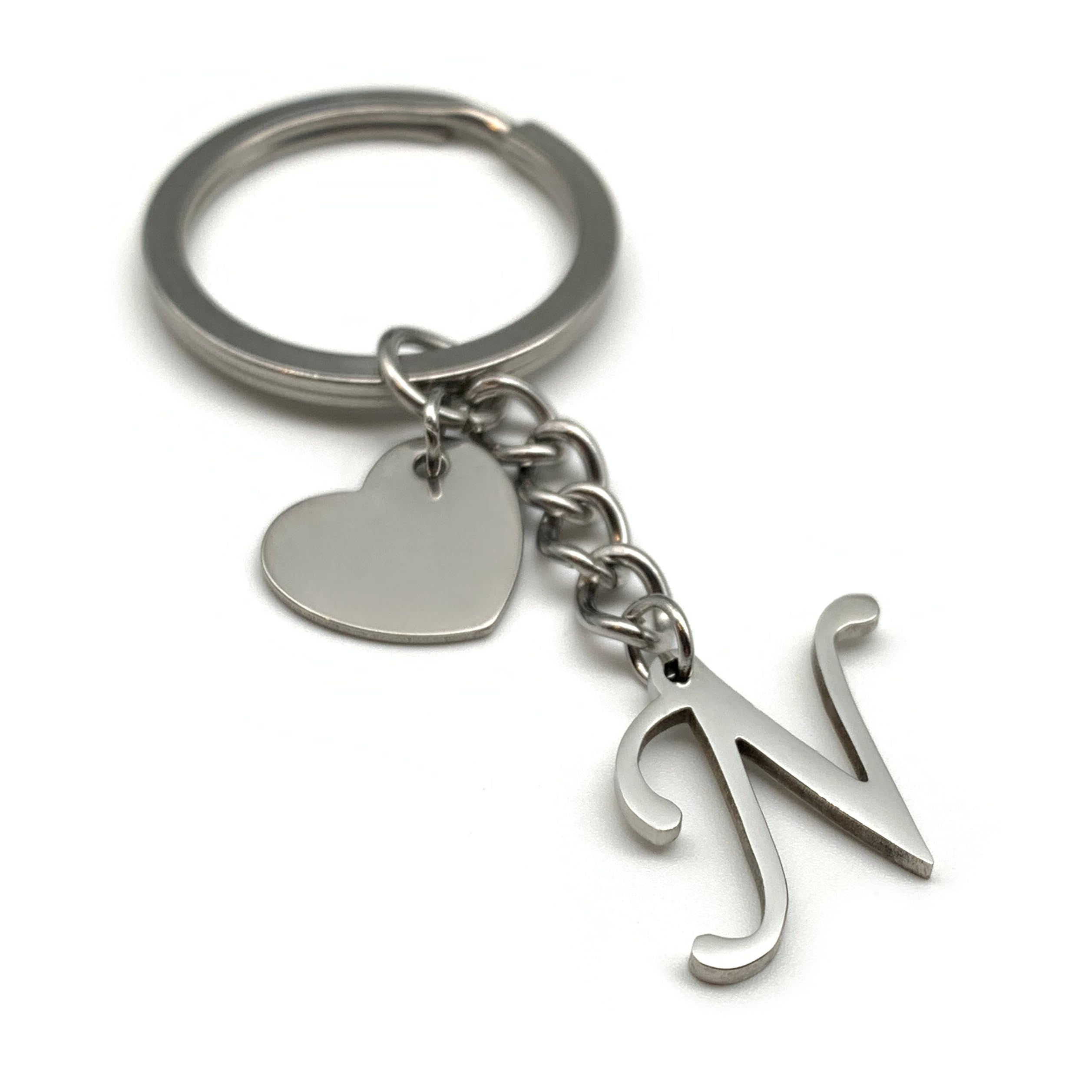 EVEMATE Keyring Letter with Heart - Initial A-Z Pendant Keychain - Handmade Stainless Steel - Name Gift Car Friend Partner (N)