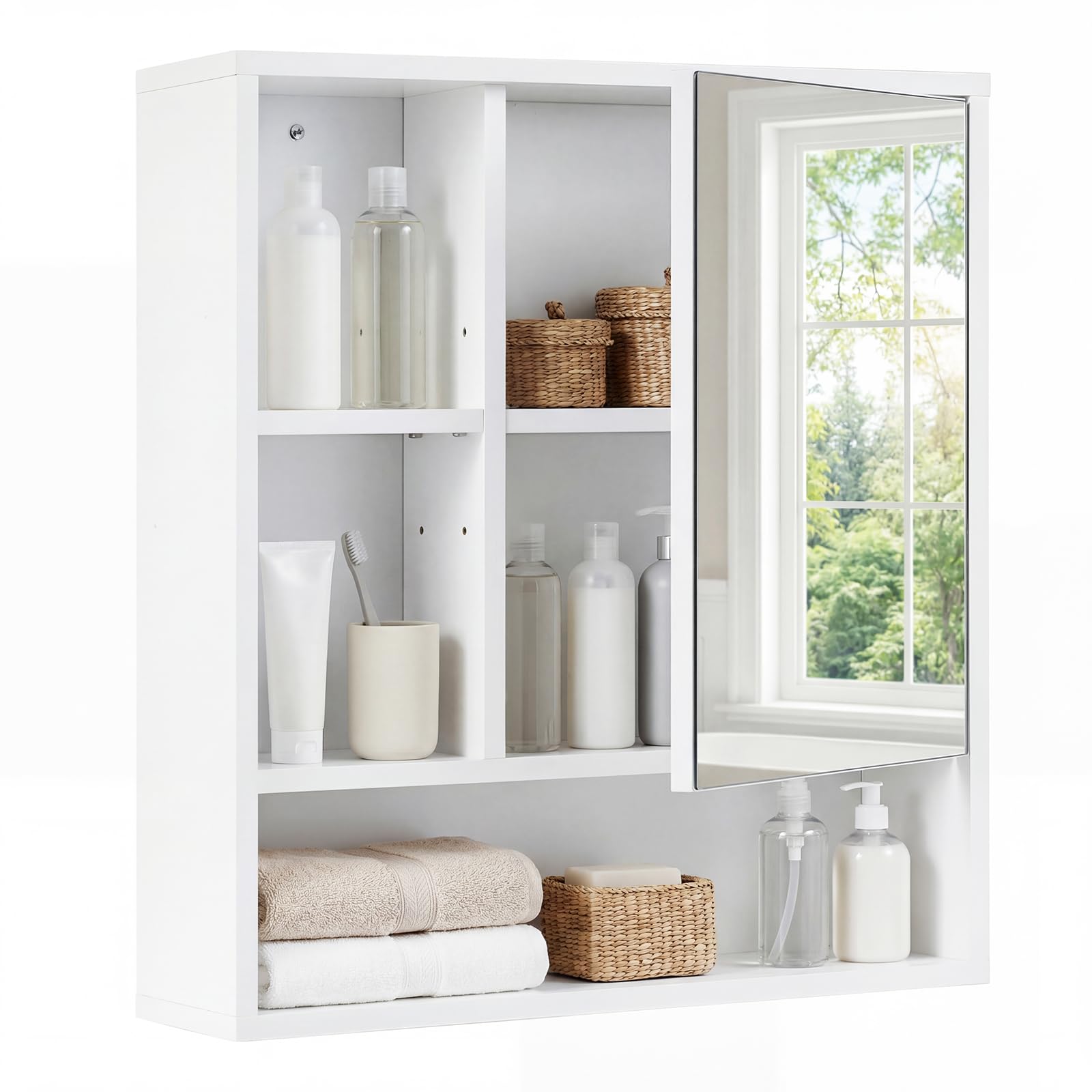 COSTWAY Mobile Bagno con Specchio da Parete in Legno, Bianco