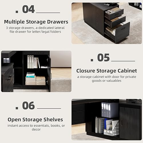 Miniatura 6 de Escritorio en forma de L con cajones para el hogar, escritorio de oficina ejecutivo de 78 pulgadas con toma de corriente, escritorios grandes de