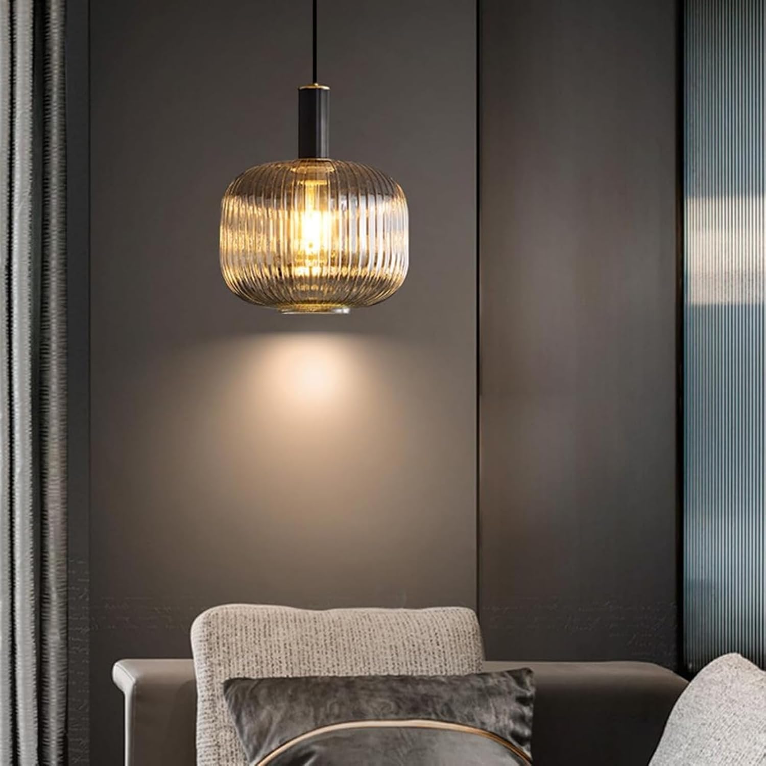 Modern Black Ribbed Glass Bedside Pendant Light Mid Century Nordic Farmhouse Kitchen Island Hanging Lamp Minimalist Dining Room Chandelier for Living Office Bar Counter Study