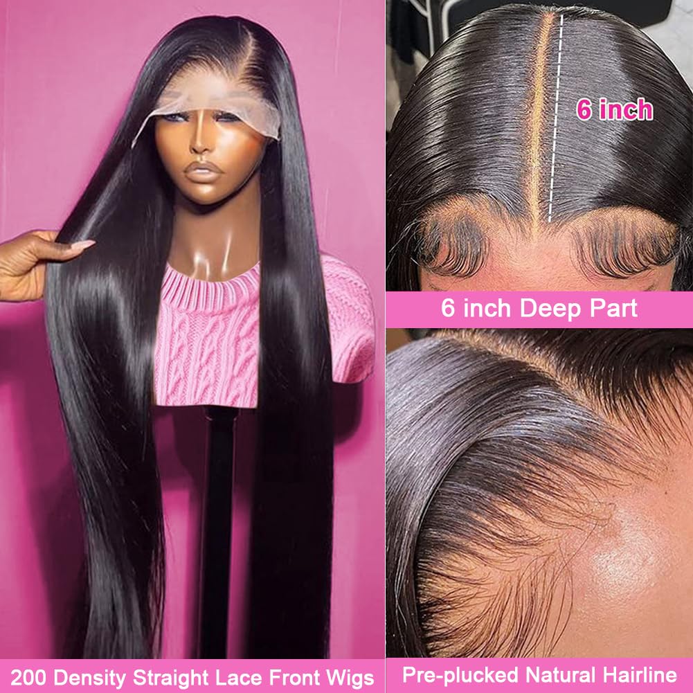 32 Inch 13x6 Lace Front Wigs Human Hair 200 Density Straight HD Lace Front Human Hair Wig Glueless Wigs Human Hair Pre Plucked Straight Frontal Wig for Women Natural Color