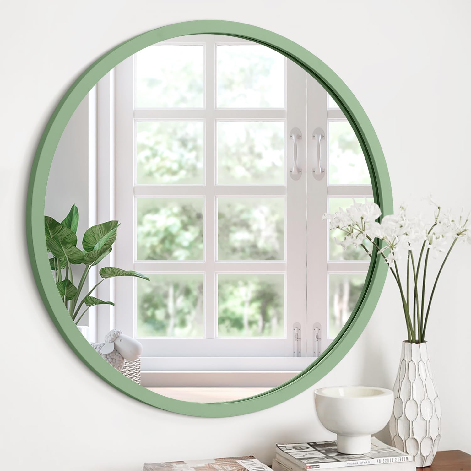 JJUUYOU Round Mirrors for Wall Circular Mirror for Bathroom 60 CM Wood Framed Round Mirror for Bathroom Make up Mirrors for Living Room Wall Mounted Bedroom Dorm