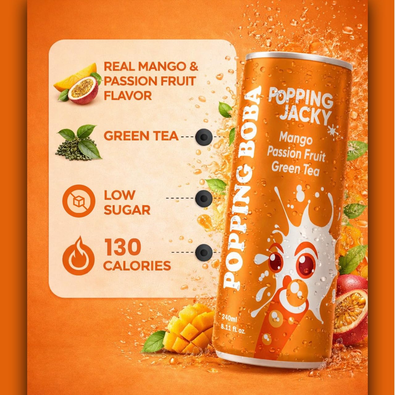 Popping Jacky Mango Passion Fruit Green Tea Drink with Popping Boba - Ready to Drink Bottled Bubble Tea with Boba Balls - Cold Refreshing Fruit Tea (Pack of 24)