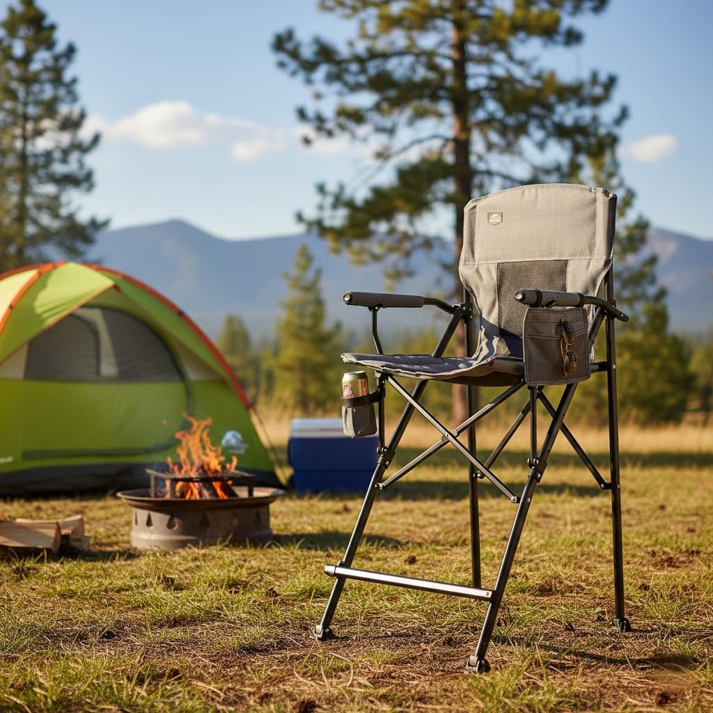 LANMONTAIN Extra Tall Folding Camping Chairs,30.7'' Seat Height Portable Hard Arm Bar Chairs w/Cup Holder,Side Mesh Pocket and Footrest,Heavy Duty Support 350 Lbs Comfy Director Chairs,Black&Grey