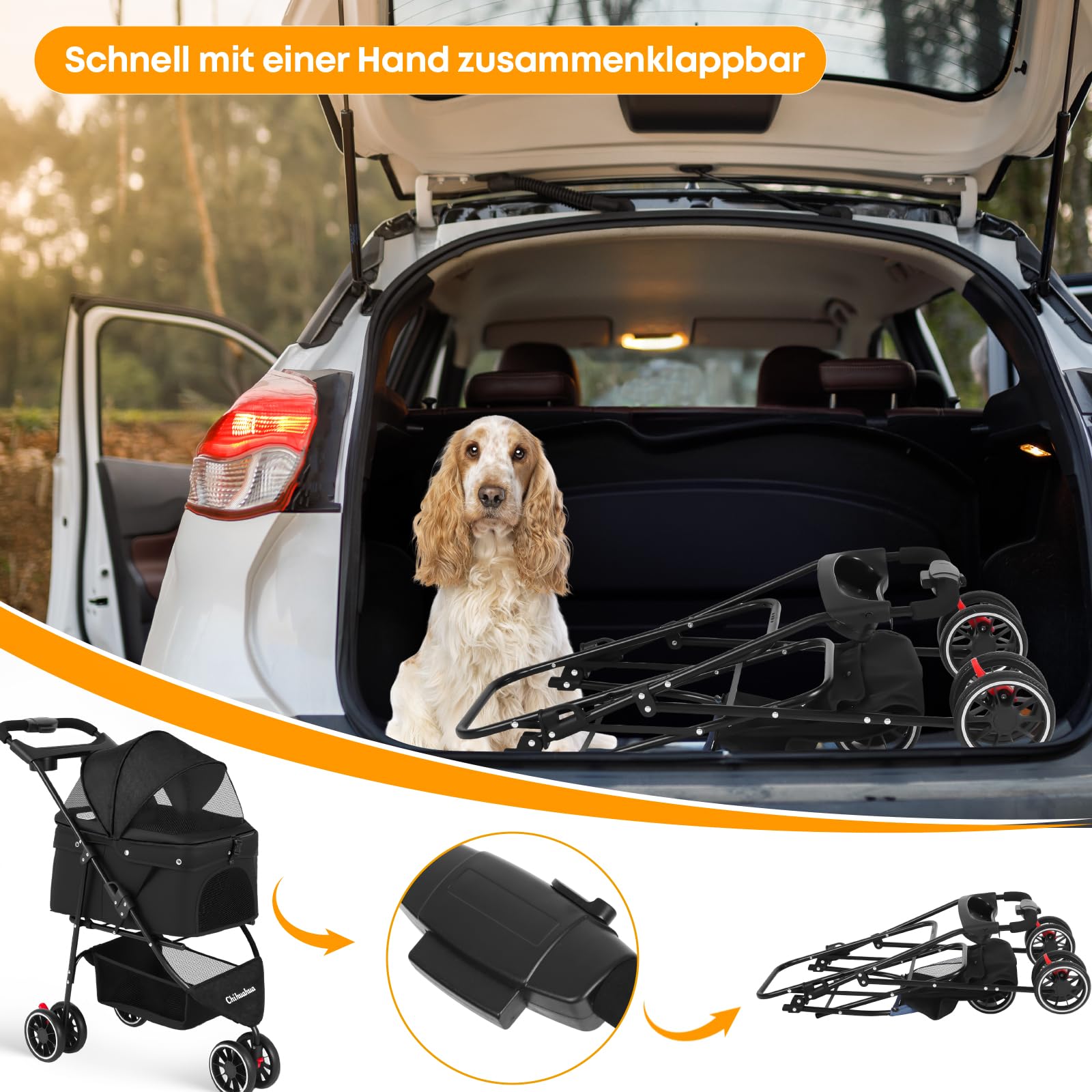 Chihuahua Hundewagen Faltbarer Hundekinderwagen Katzentransportbox für kleine und mittelgroße Hunde mit Netzfenster Schwarz