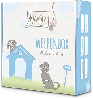 MjAMjAM - Premium Nassfutter für Hunde - Welpenbox - 6* Junior - saftiges Huhn mit Ei, Welpen-Futterbeutel, Kugelschreiber, Dosendeckel, 6er Pack (6 x 200 g), getreidefrei mit extra viel Fleisch product image