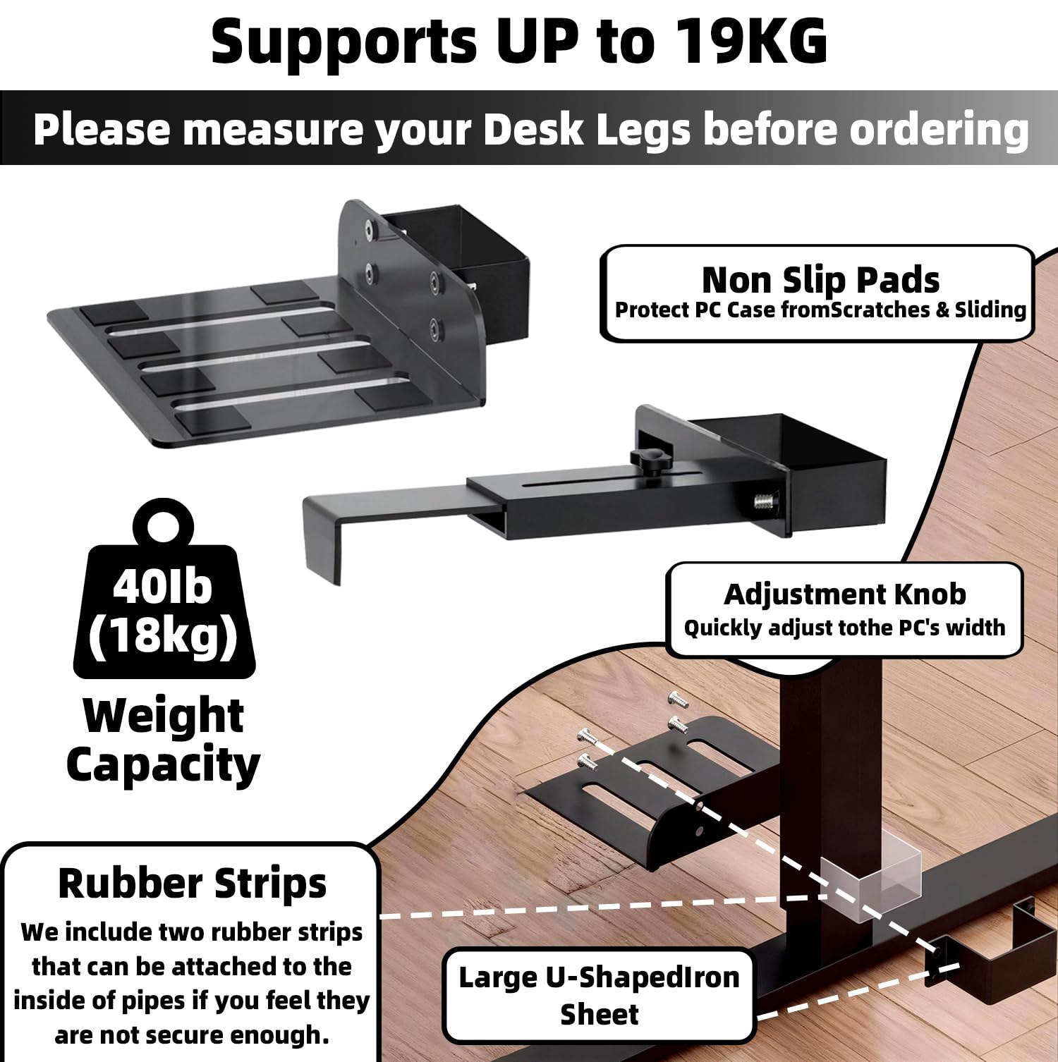 Supporto PC Sotto Scrivania,Capacità di Carico di 35 KG,Non è Necessaria Alcuna Foratura,Supporto PC Fisso,(Applicabile Solo a Gambe Del Tavolo da 65 mm × 45 mm),Con Tappetino Antiscivolo, Nero