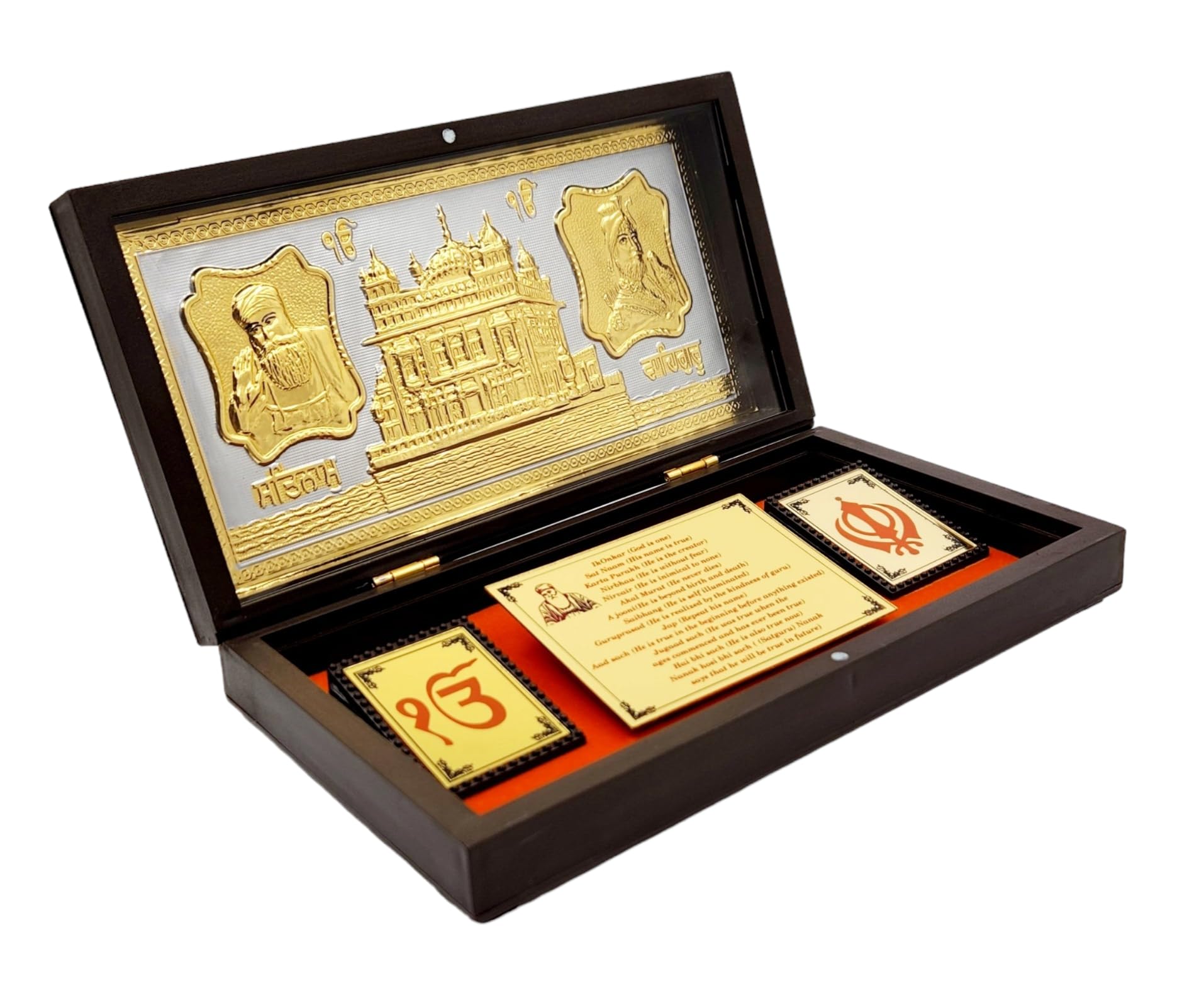 Waheguruji Golden Temple Gold Plated Photo Frame with Charan Paduka Pocket for Diwali, House Warming, Return Gifts, Puja Box