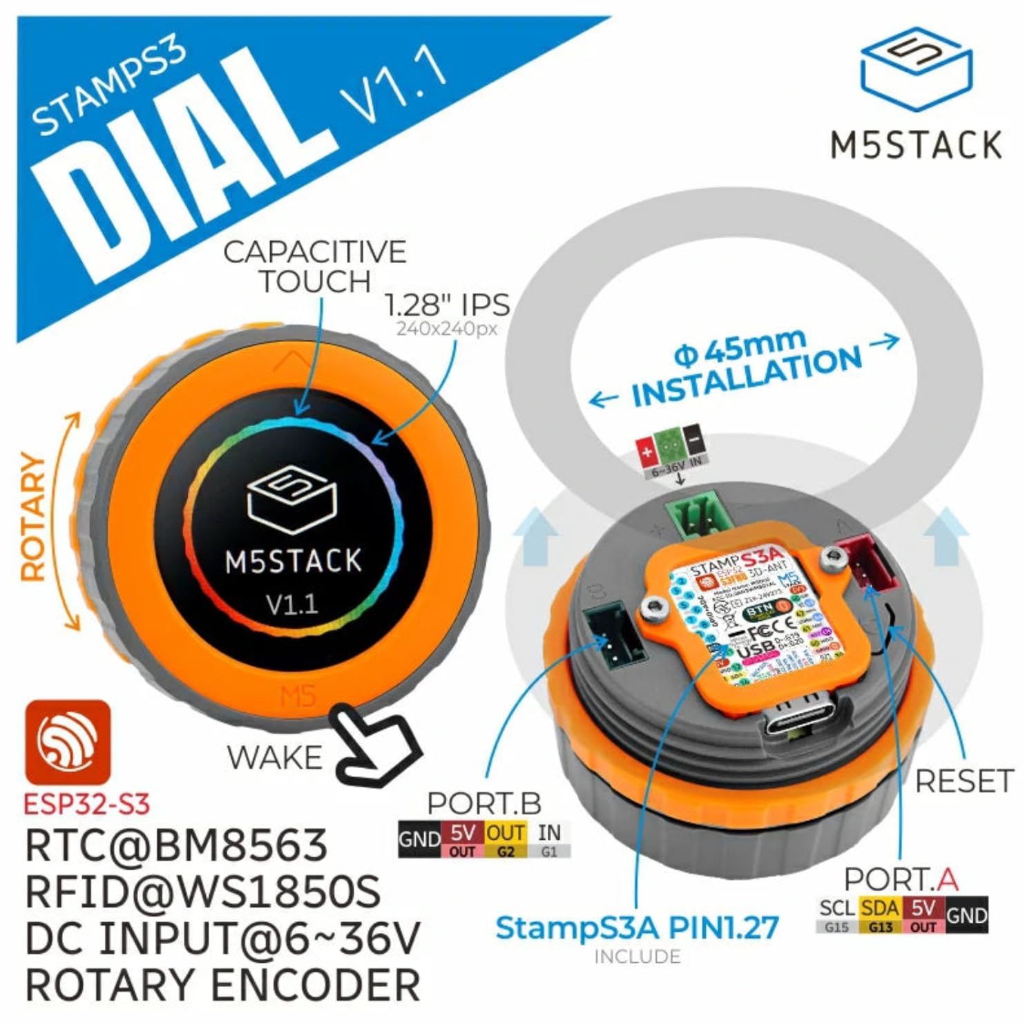 M5Stack Dial v1.1 – Botón giratorio inteligente ESP32-S3 con pantalla táctil redonda de 1,28 pulgadas, WiFi y BLE, Arduino/MicroPython, compacto para proyectos de IoT