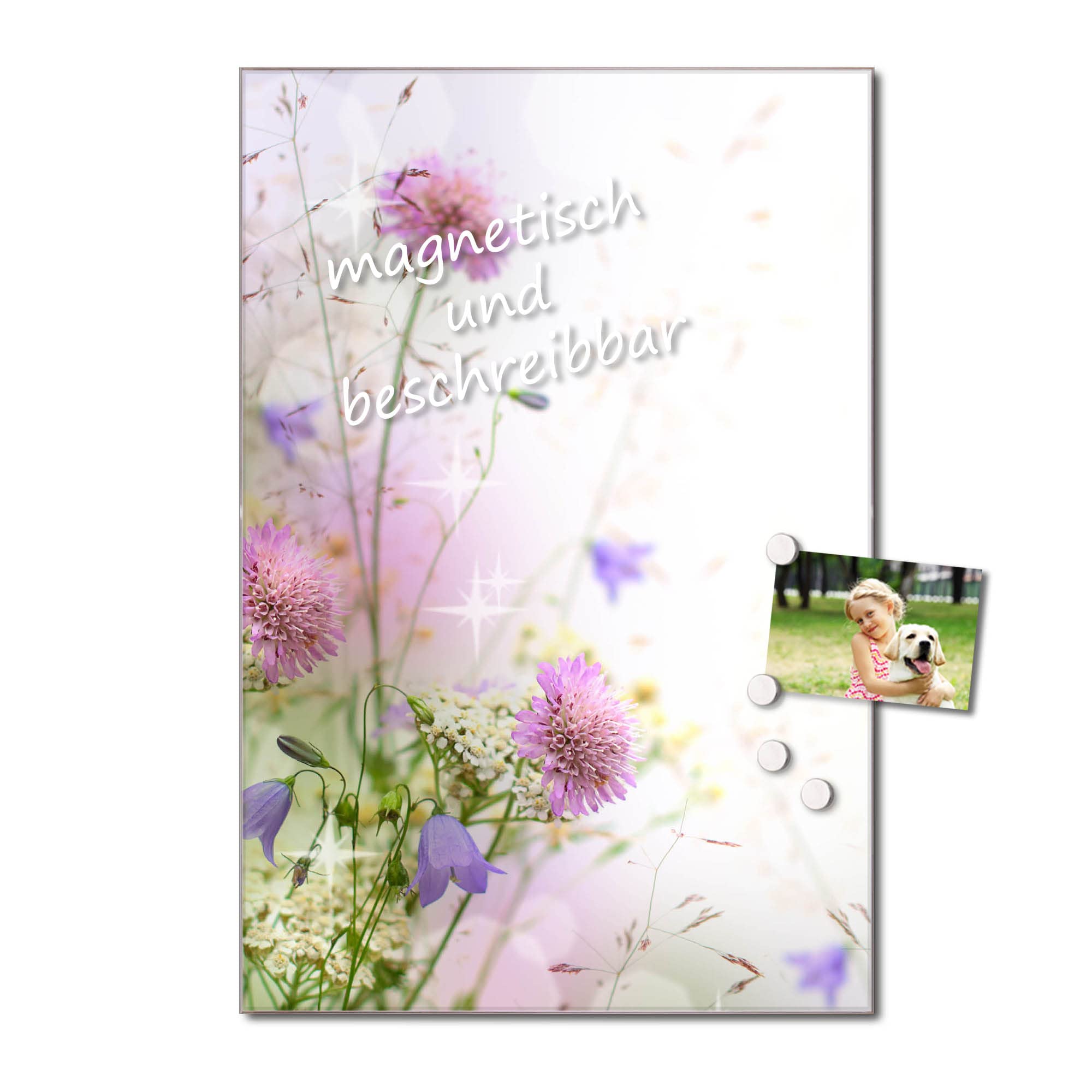 banjado Magnettafel aus Glas 40x60, Blumenmotiv, beschreibbar | Florale Glas-Pinnwand für Notizen und Fotos, mit Motiv Glitzernde Wiese aus der Pflanzenwelt