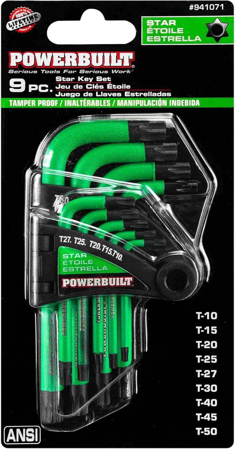 Powerbuilt L-Type Tamper Proof 9 Piece Wrench Set, Short Arm Torx Star Key, Non-Slip Handle, Hex Ball End, Holder - Green 941071
