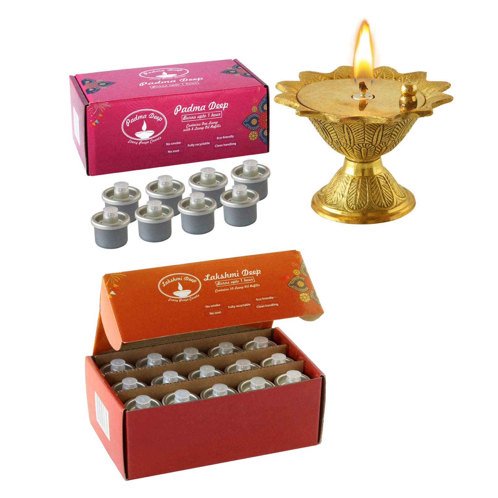 Lakshmi DeepFestival Offer - Bundle of 1 Padma with 8 Oil Refills + 1 Oil Refill (Pack of 30) - Gold Finish