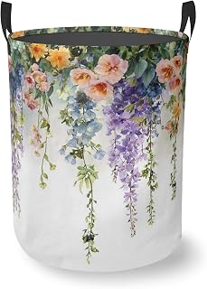 Eucalyptus Leaves Flowers Round Laundry Basket Collapsible Laundry Hamper with Handles Toys Clothes Organizer Bin For Home Bathroom Bedroom Dorm Nursery