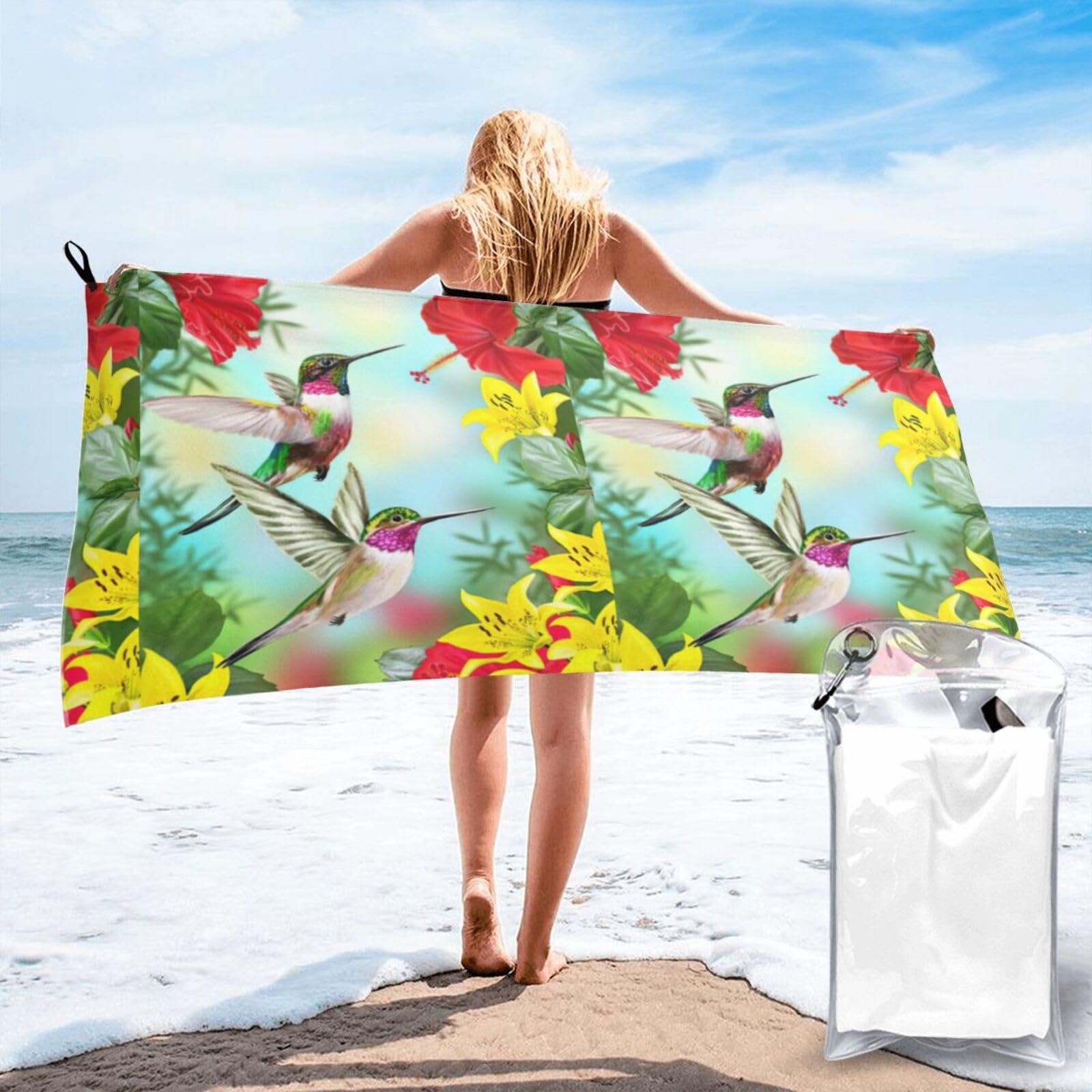 KAPPTYY Hummingbirds Red Flower Hibiscus Print Quick Dry Towel Bath Shower Beach Wrap For Gym Vacation Adults