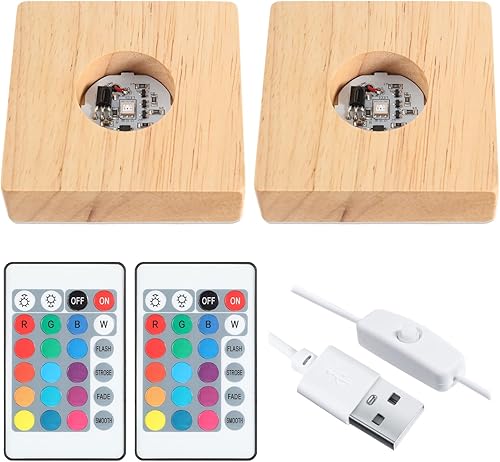 Base cuadrada de madera LED con luz de madera base de lámpara con control remoto para el hogar arte de resina de cristal láser 3D 2 piezas