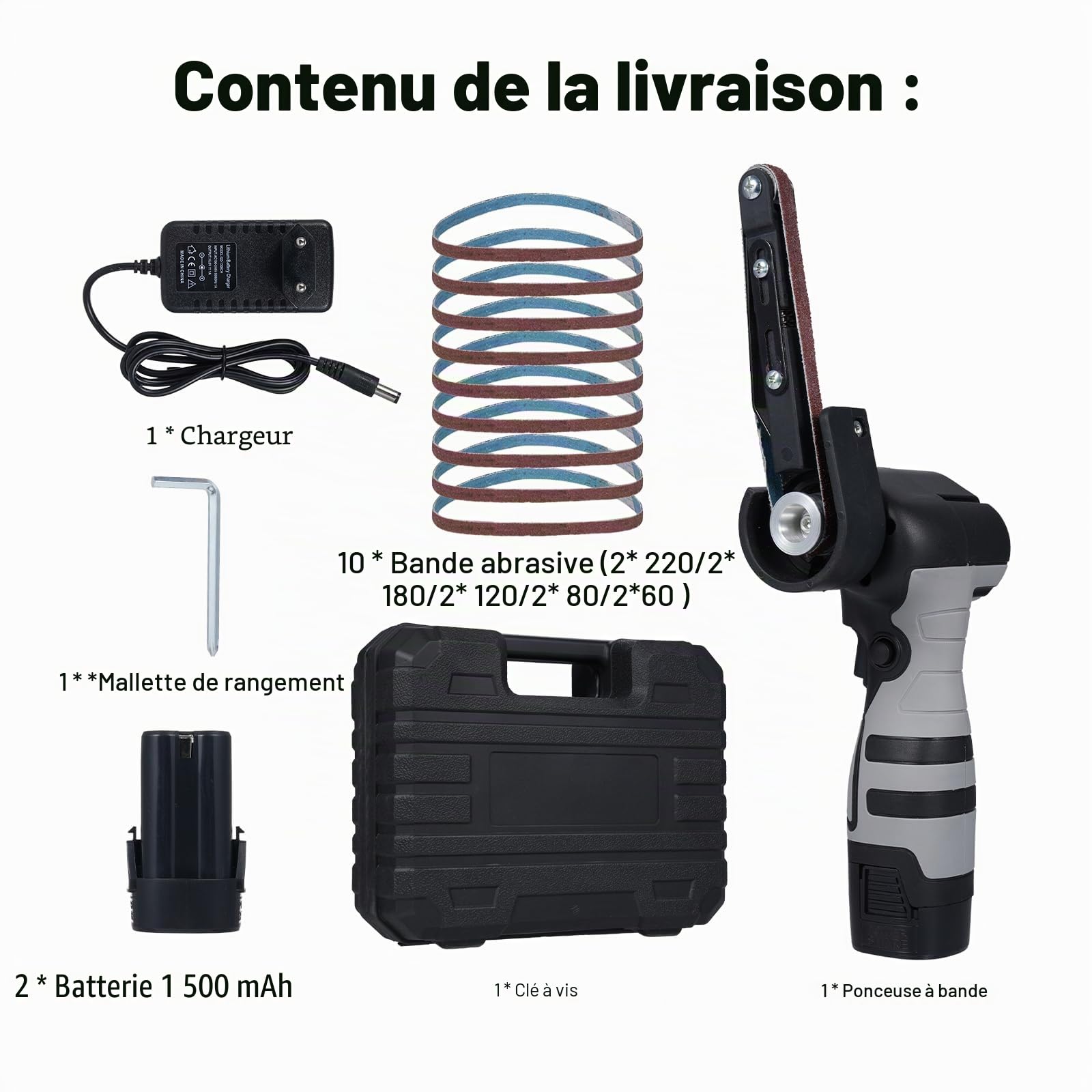 Geevorks Ponceuse à bande électrique Mini-ponceuse à bande de 6500 tr/min et 10 bandes abrasives pour bois, métal et plastique