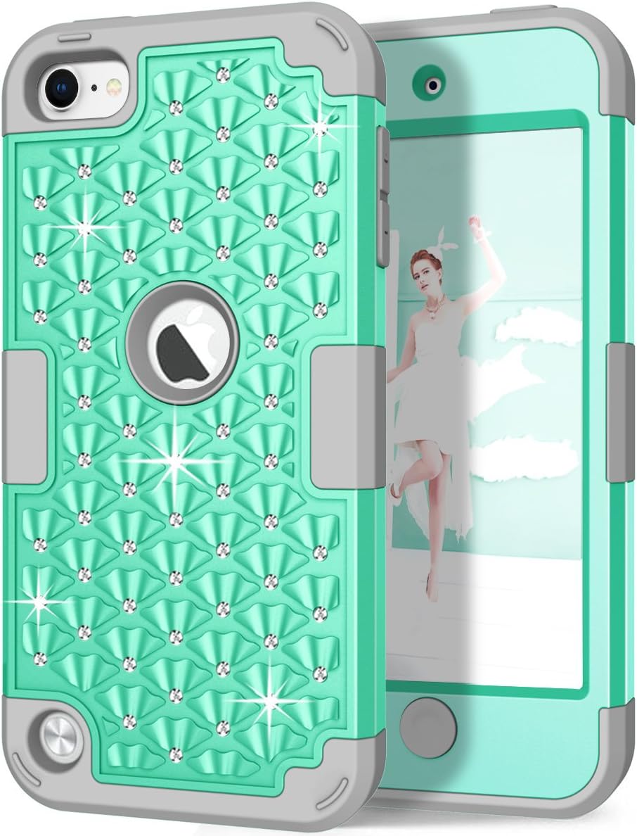 Hocase iPod Touch 7th/6th/5th Generation Case, Shockproof Heavy Duty Silicone Rubber+Hard Plastic Glitter Protective Case for iPod Model A2178, A1574, A1509, A1421 - Teal/Gray